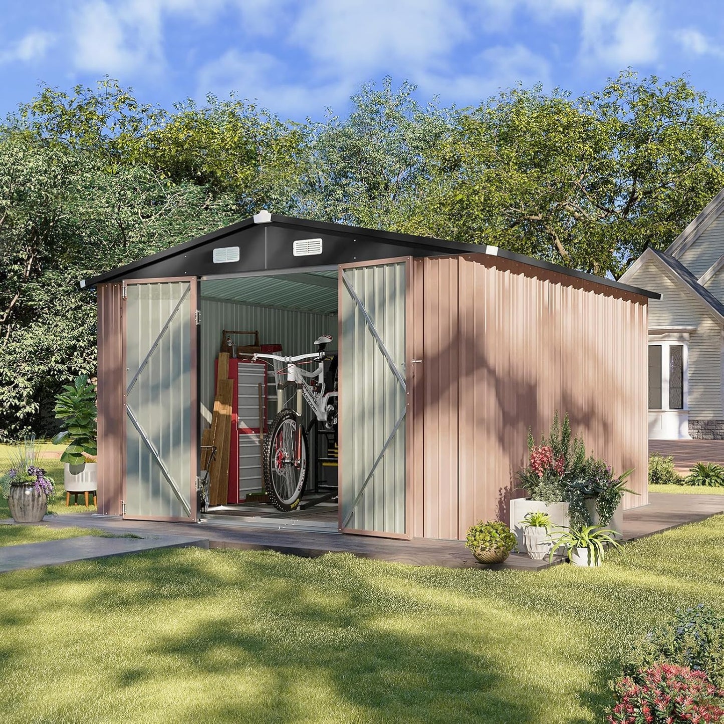 Aoxun 10 x 12FT Outdoor Storage Shed with Double Hinged Large Door Utility Garden Shed with Lockable Door & Sloped Roof Metal Sheds Outdoor Storage for Garden, Backyard, Patio and Backyard, Brown