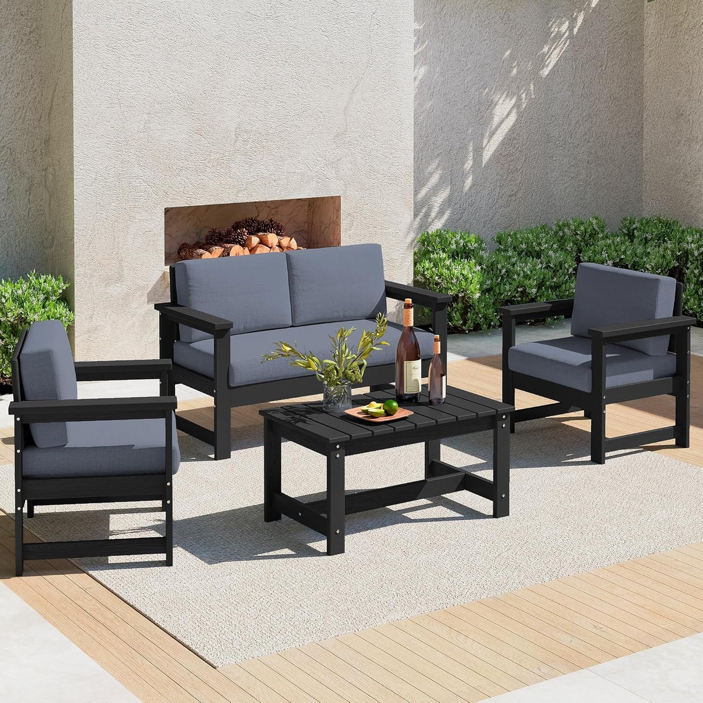 SERWALL 8 Pieces HDPE Outdoor Conversation Sofa Set with Cushions, All Weather Use Patio Couch Loveseat Furniture with Side Table for Balcony, Deck, Poolside, Black Frame with Khaki Cushions