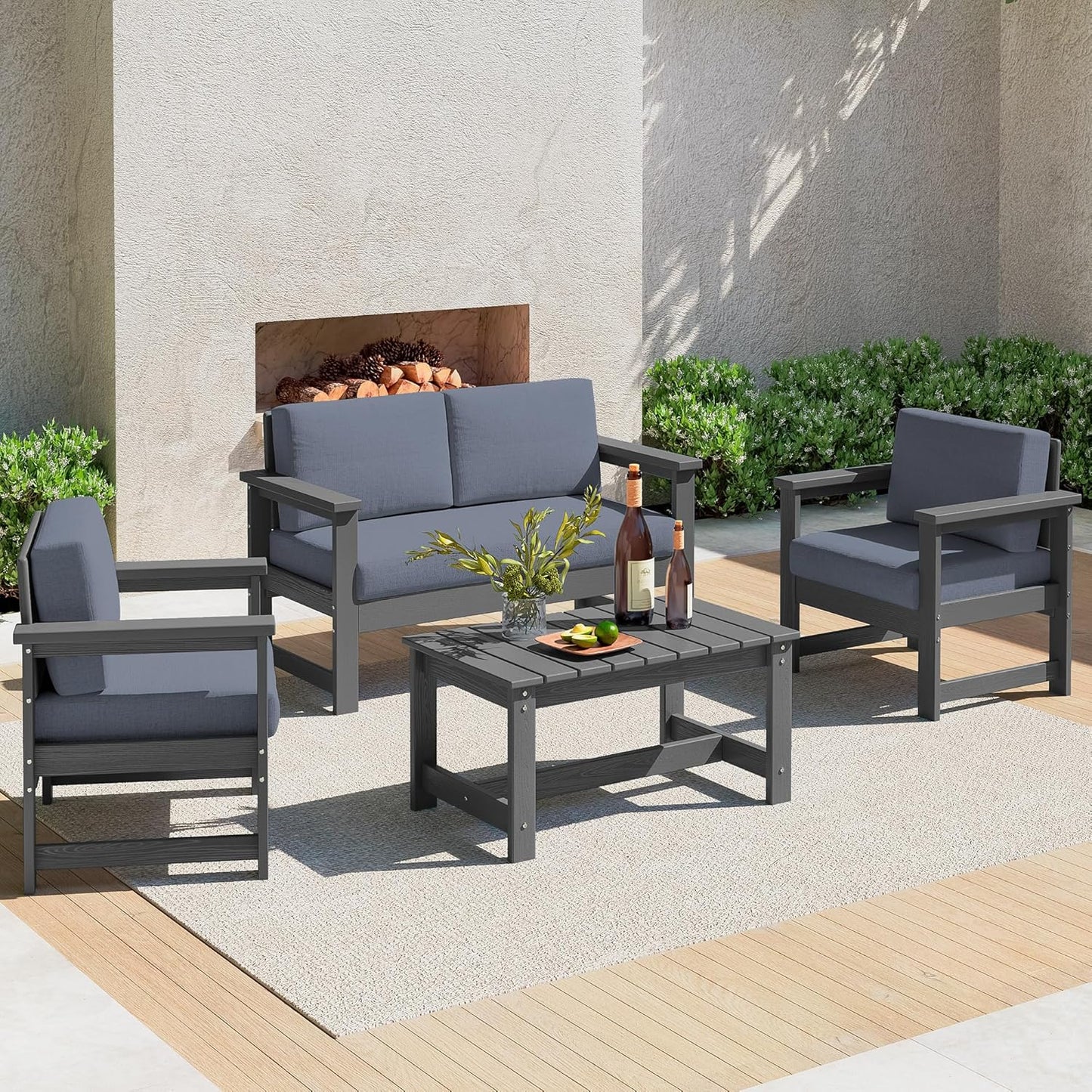 SERWALL 8 Pieces HDPE Outdoor Conversation Sofa Set with Cushions, All Weather Use Patio Couch Loveseat Furniture with Side Table for Balcony, Deck, Poolside, Black Frame with Khaki Cushions
