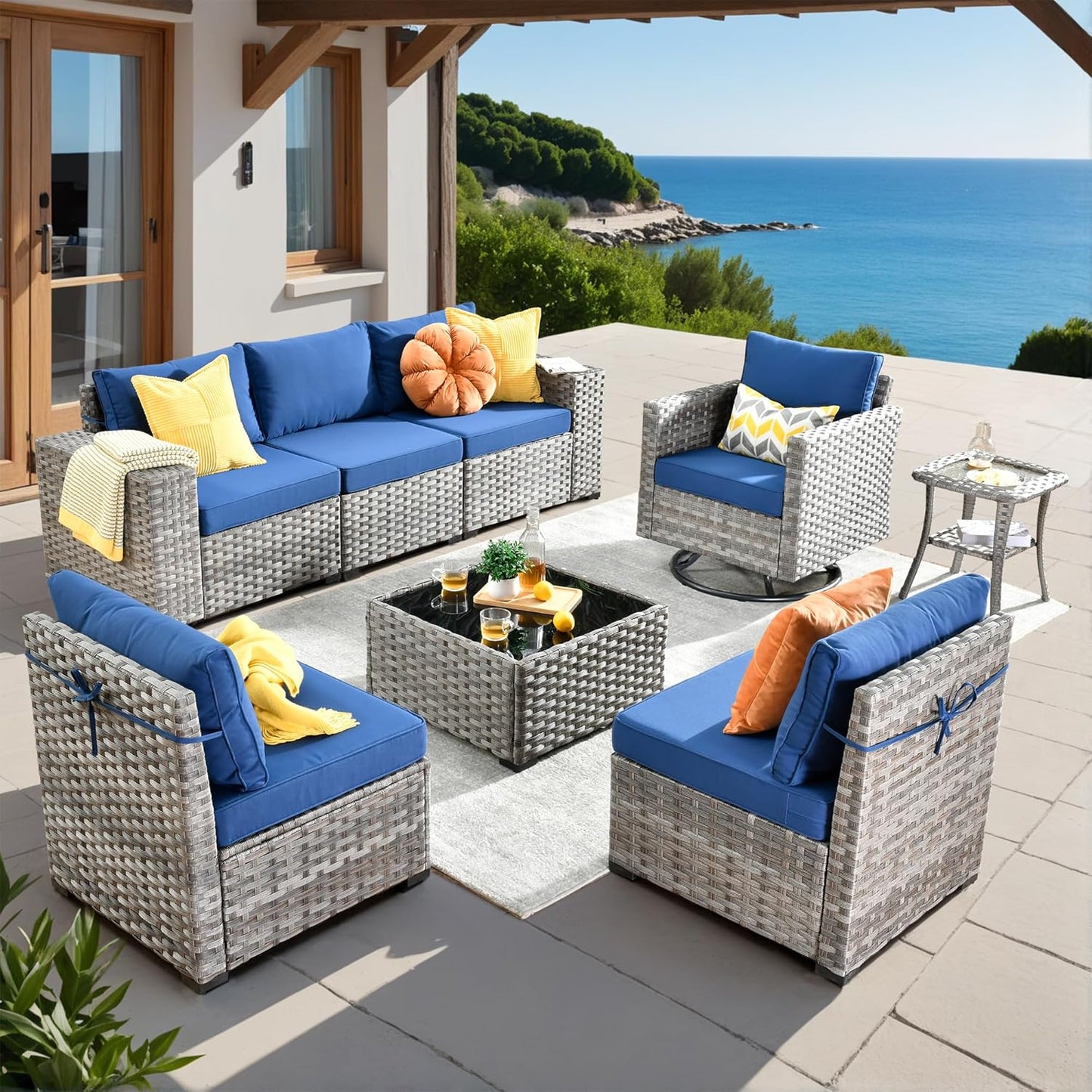 ovios 16 Pieces Patio Furniture Set, Outdoor Wicker Sectional Sofa with 54" Fire Pit Table Swivel Chairs, Modern Modular Deep Seat Rattan Couch Conversation Sets, Beige