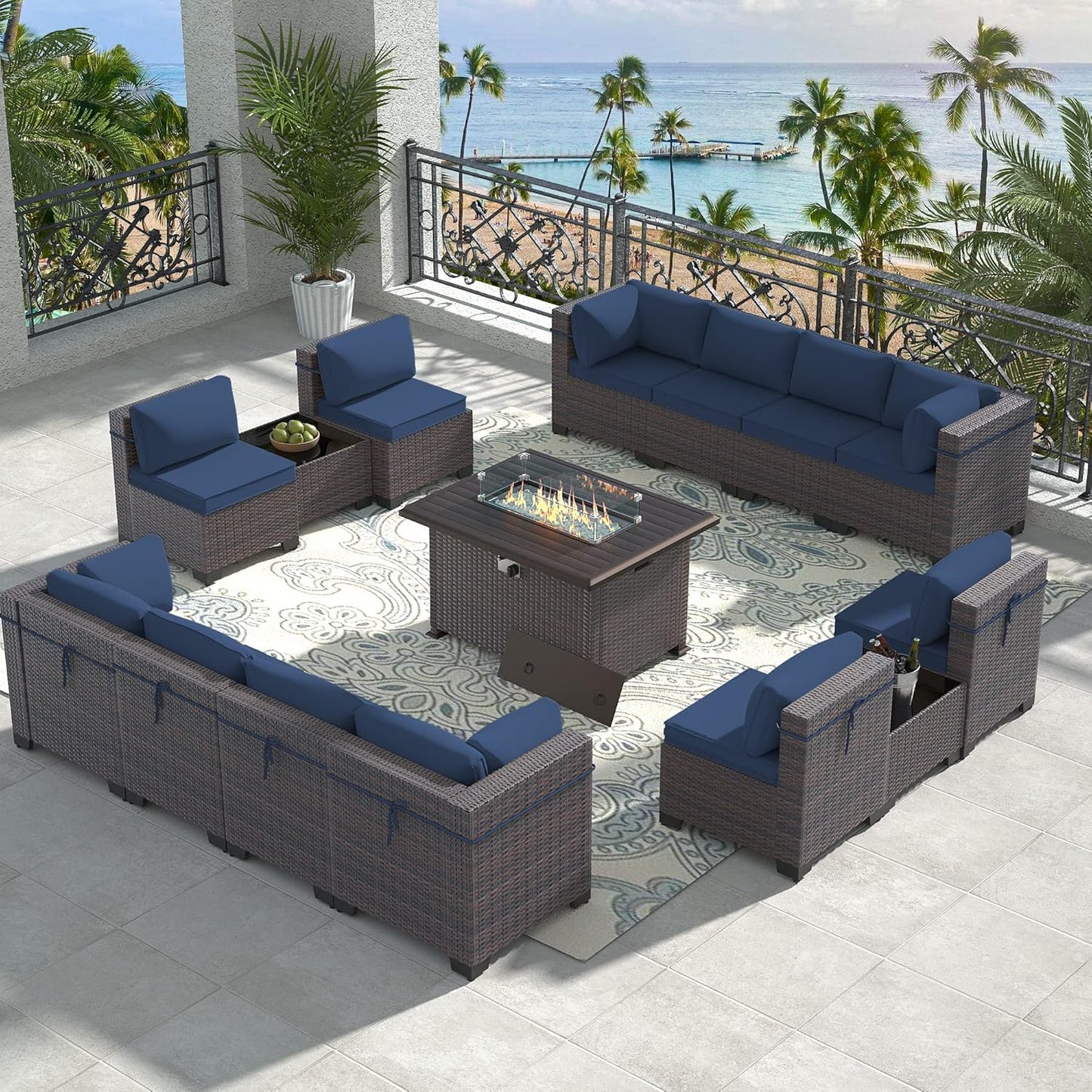 12 Pcs Outdoor Patio Furniture Set Outdoor Furniture All Weather Patio Sectional Sofa PE Wicker Modular Conversation Sets with Coffee Table, Swivel Rocking Chair (Grey)
