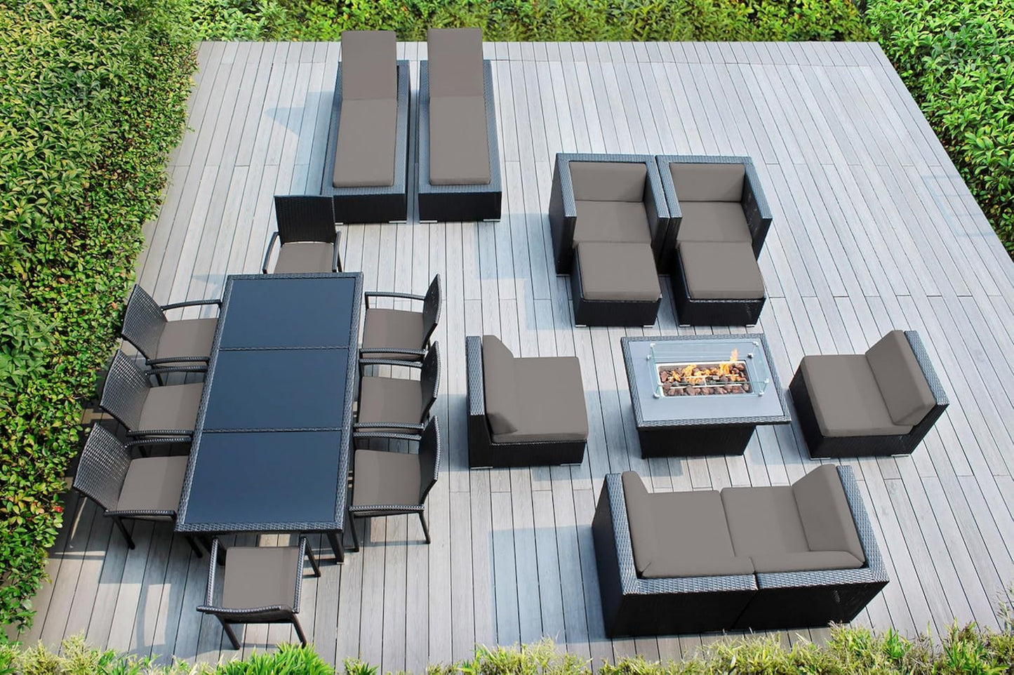7 Piece Outdoor Patio Furniture Black Wicker Conversation Set with Fully Assembled Sectional and 42-inch Propane Gas Fire Table