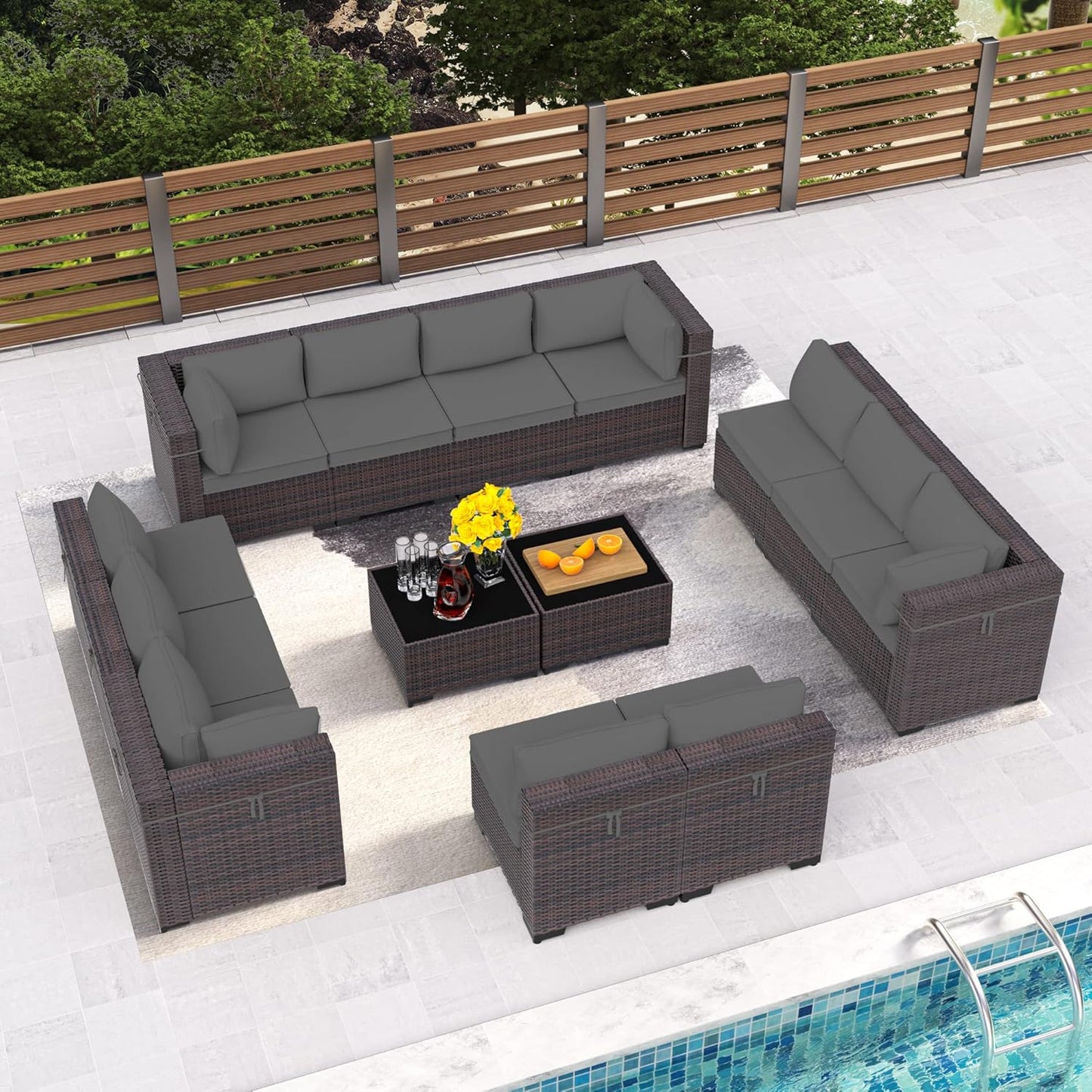 12 Pcs Outdoor Patio Furniture Set Outdoor Furniture All Weather Patio Sectional Sofa PE Wicker Modular Conversation Sets with Coffee Table, Swivel Rocking Chair (Grey)