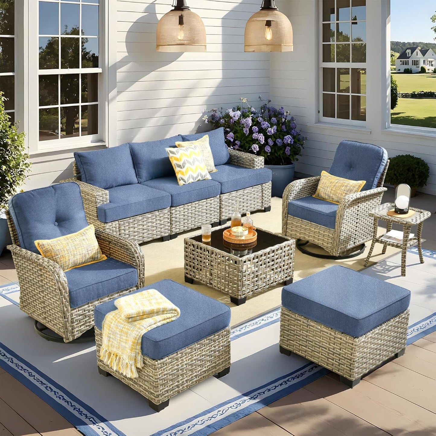 15-Piece Outdoor Sectional Sofa Set w/ 43" Fire Pit – L-Shaped Wicker Patio Furniture, Deep Seating & Swivel Rockers, Black