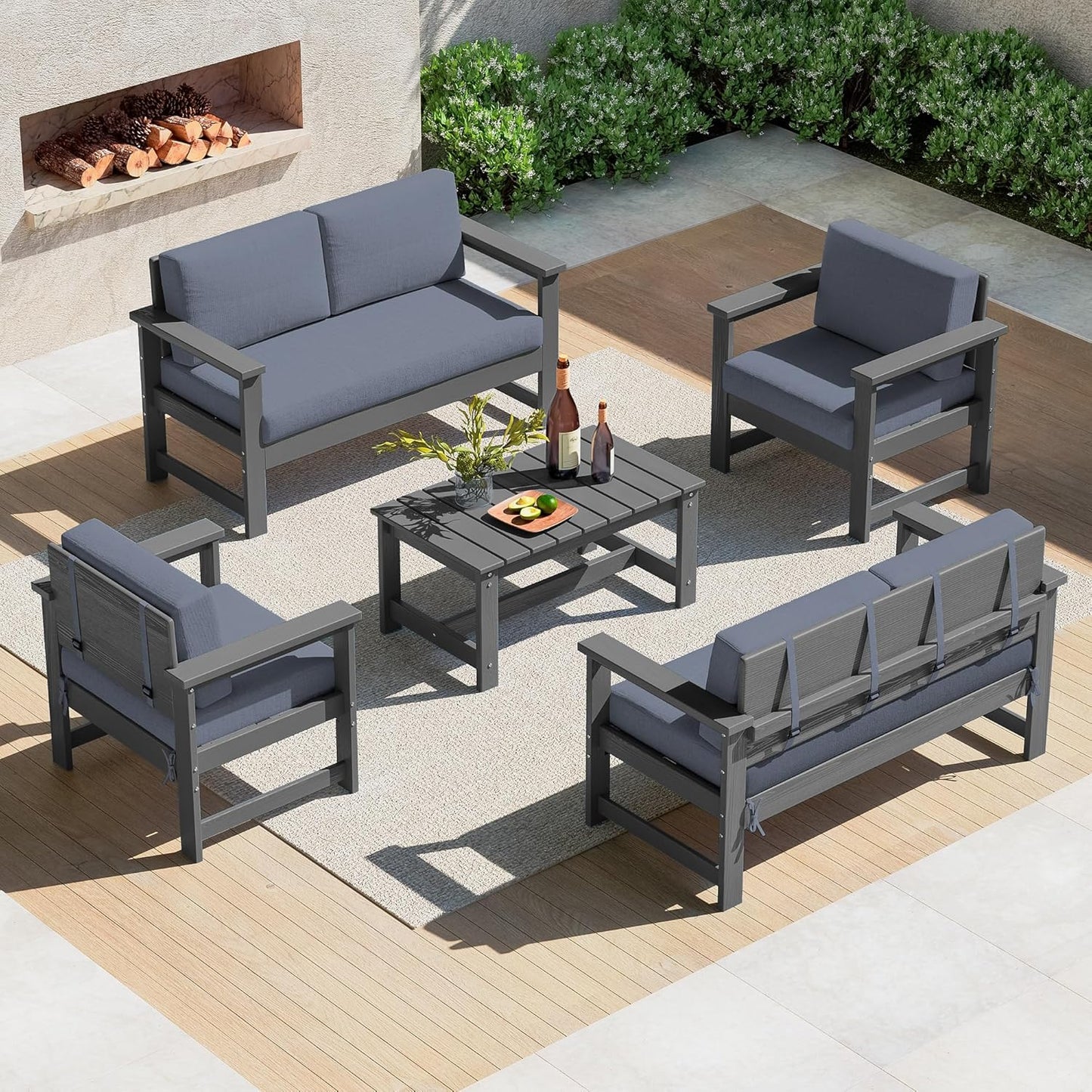 SERWALL 8 Pieces HDPE Outdoor Conversation Sofa Set with Cushions, All Weather Use Patio Couch Loveseat Furniture with Side Table for Balcony, Deck, Poolside, Black Frame with Khaki Cushions