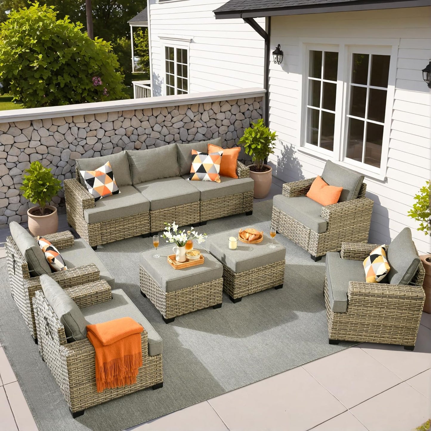 15-Piece Outdoor Sectional Sofa Set w/ 54" Fire Pit – L-Shaped Wicker Patio Furniture, Deep Seating & Swivel Rockers, Black