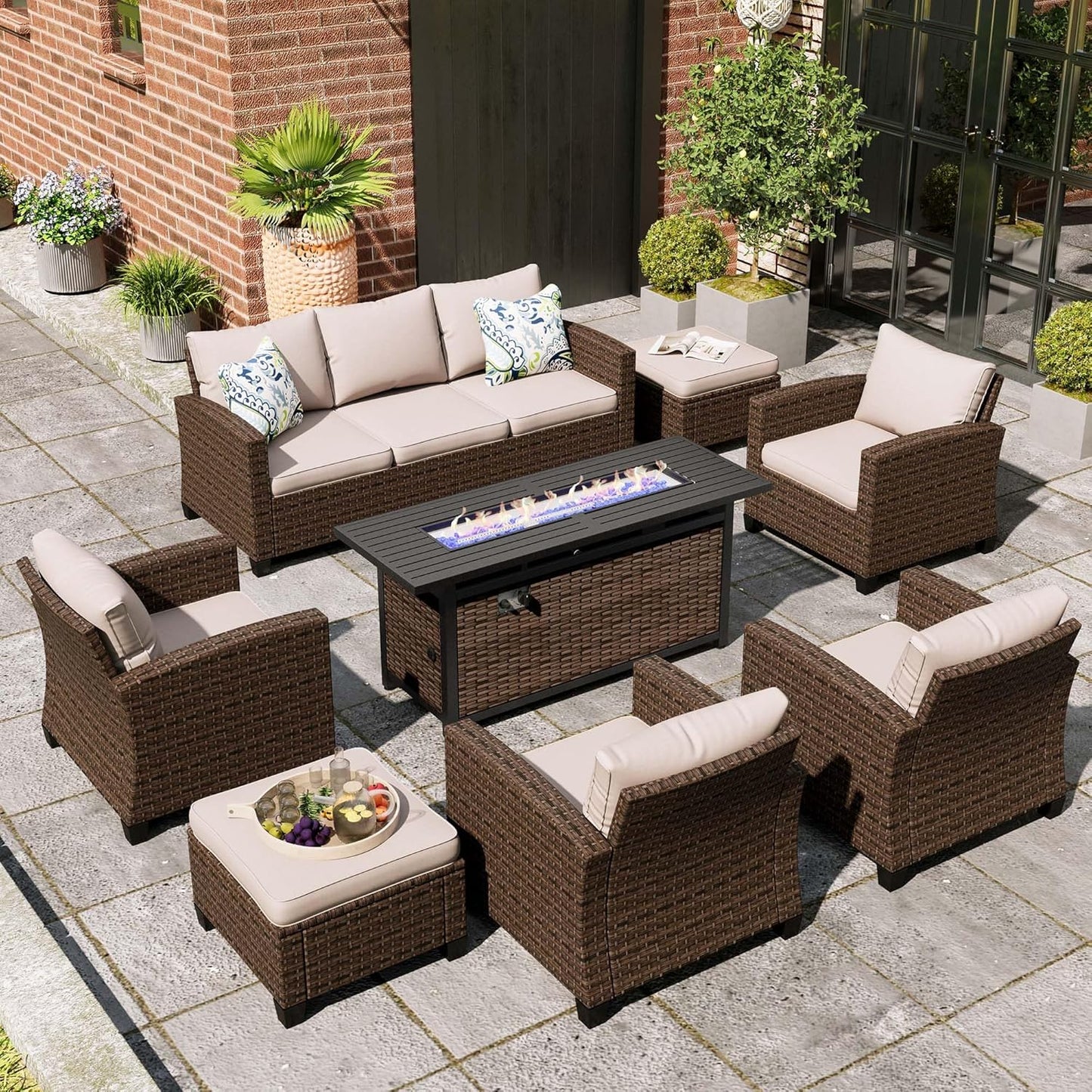 Swivel Glider Patio Furniture Set, 8 Pcs Wicker Rattan Outdoor Conversation Set, 2 x Swivel Chairs, 2 x Leg Chairs, 1 x 3 Seater Sofa and 2 x Ottomans and 56" Fire Pit Table, Blue