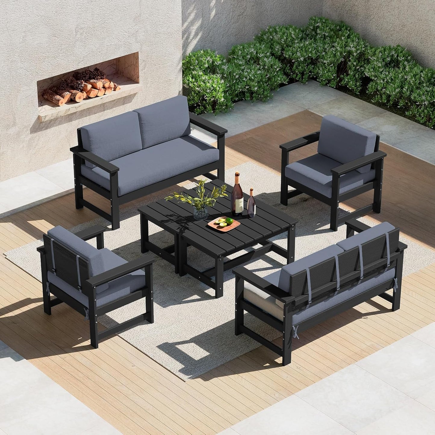 SERWALL 8 Pieces HDPE Outdoor Conversation Sofa Set with Cushions, All Weather Use Patio Couch Loveseat Furniture with Side Table for Balcony, Deck, Poolside, Black Frame with Khaki Cushions