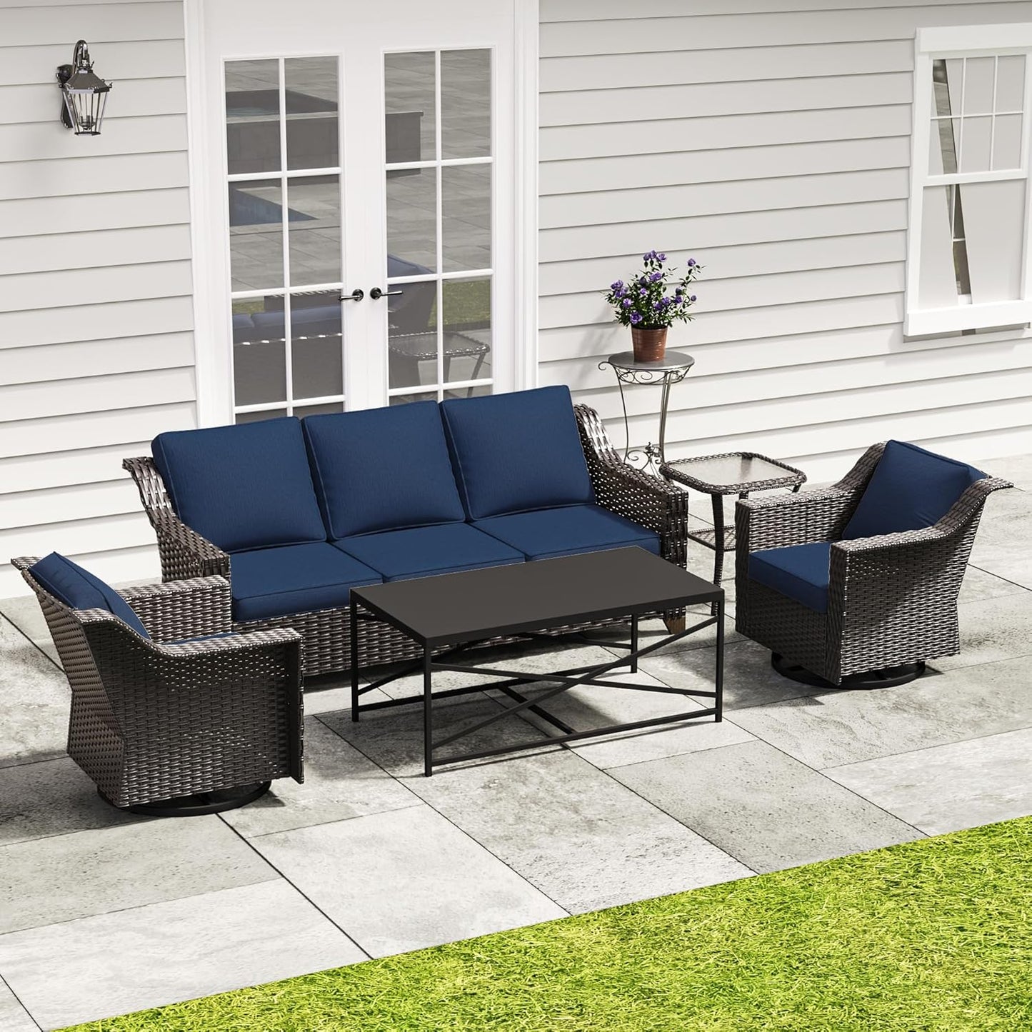 77'' Patio Sofa, All Weather Outdoor Rattan Wicker 3-Seat Sofa High Back Couch with Premium Cushions for Garden Backyard Porch(Brown/Navy)