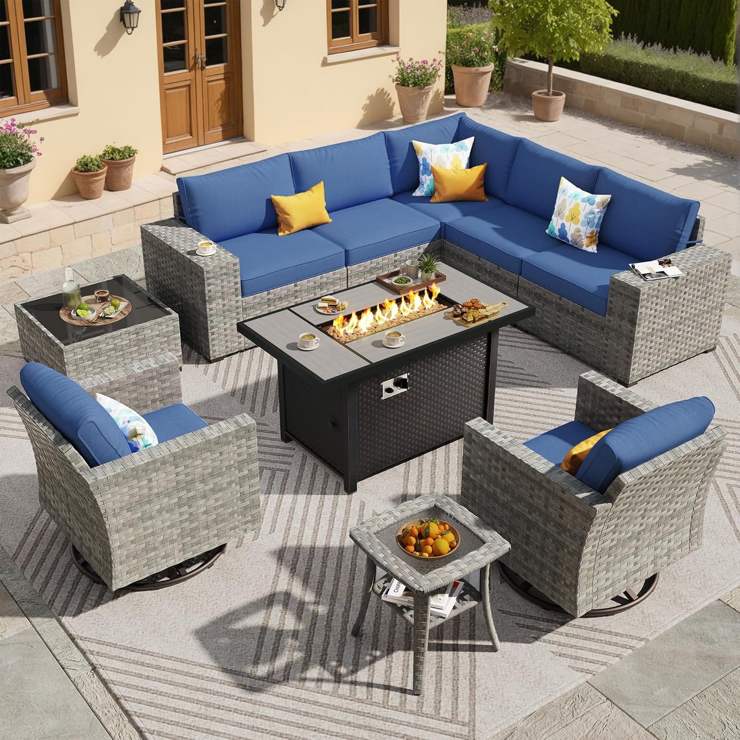 ovios 16 Pieces Patio Furniture Set, Outdoor Wicker Sectional Sofa with 54" Fire Pit Table Swivel Chairs, Modern Modular Deep Seat Rattan Couch Conversation Sets, Beige