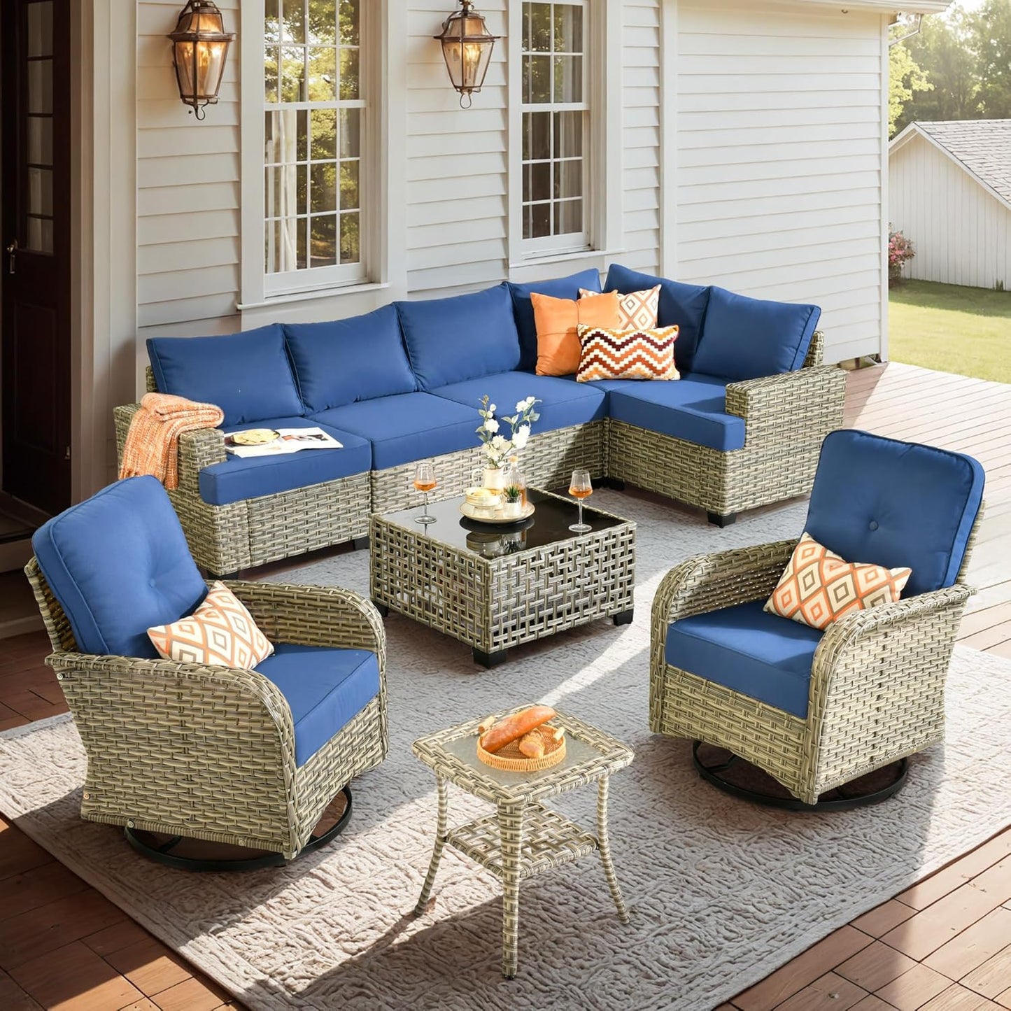 15-Piece Outdoor Sectional Sofa Set w/ 54" Fire Pit – L-Shaped Wicker Patio Furniture, Deep Seating & Swivel Rockers, Black