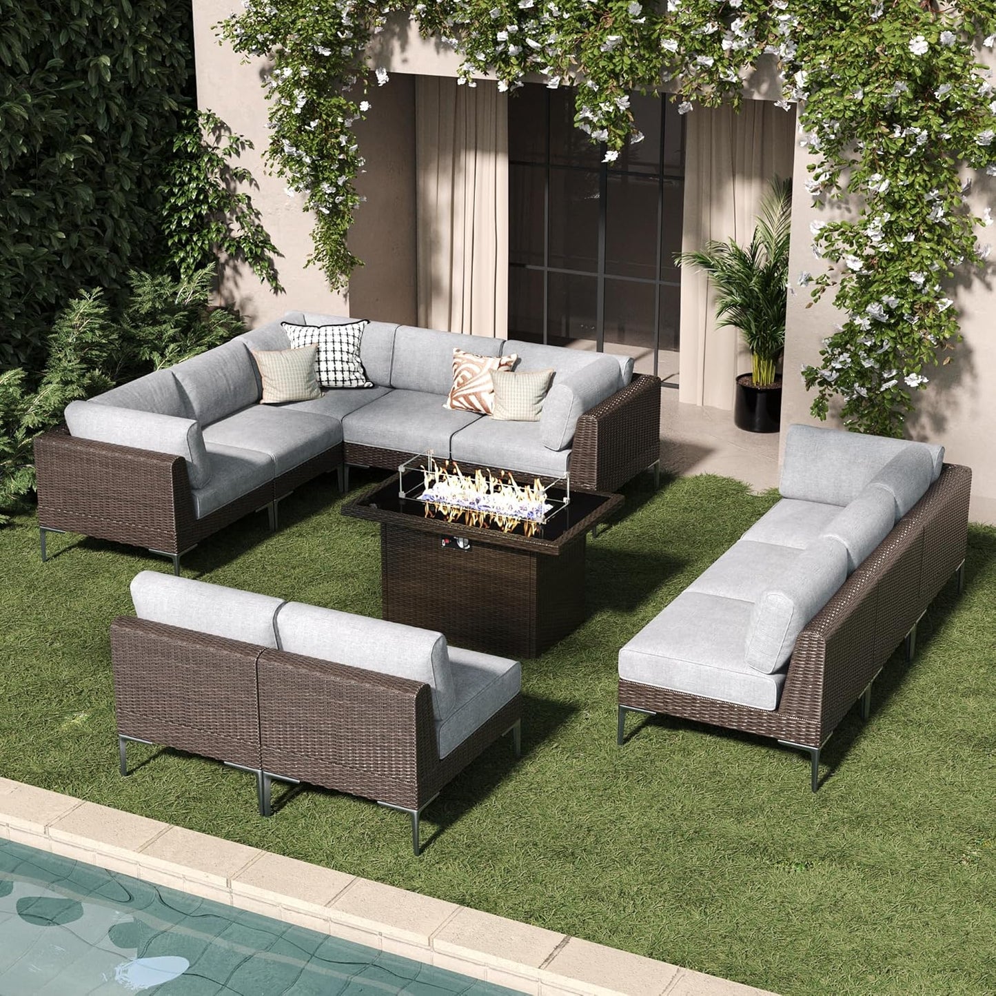 LayinSun 10-Piece Outdoor Modular Wicker Sectional Sofa with Fire Pit Table, Patio Furniture Conversation Set with Deep Seating and Thick Cushions