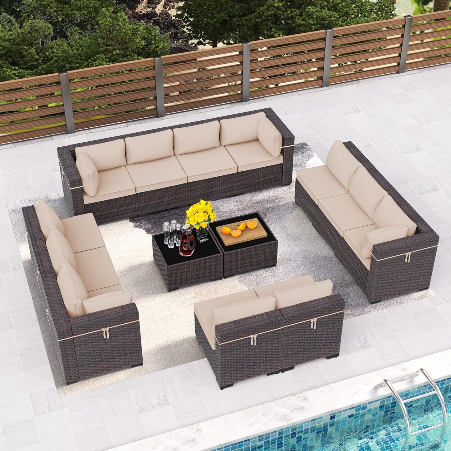 12 Pcs Outdoor Patio Furniture Set Outdoor Furniture All Weather Patio Sectional Sofa PE Wicker Modular Conversation Sets with Coffee Table, Swivel Rocking Chair (Grey)