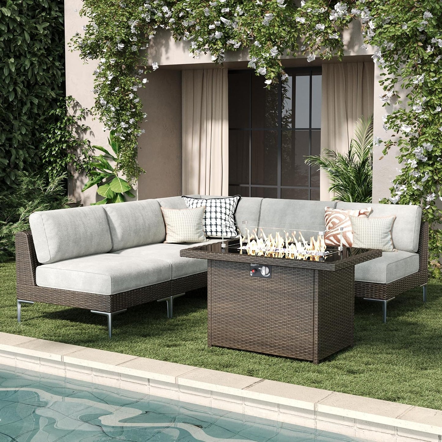 LayinSun 10-Piece Outdoor Modular Wicker Sectional Sofa with Fire Pit Table, Patio Furniture Conversation Set with Deep Seating and Thick Cushions