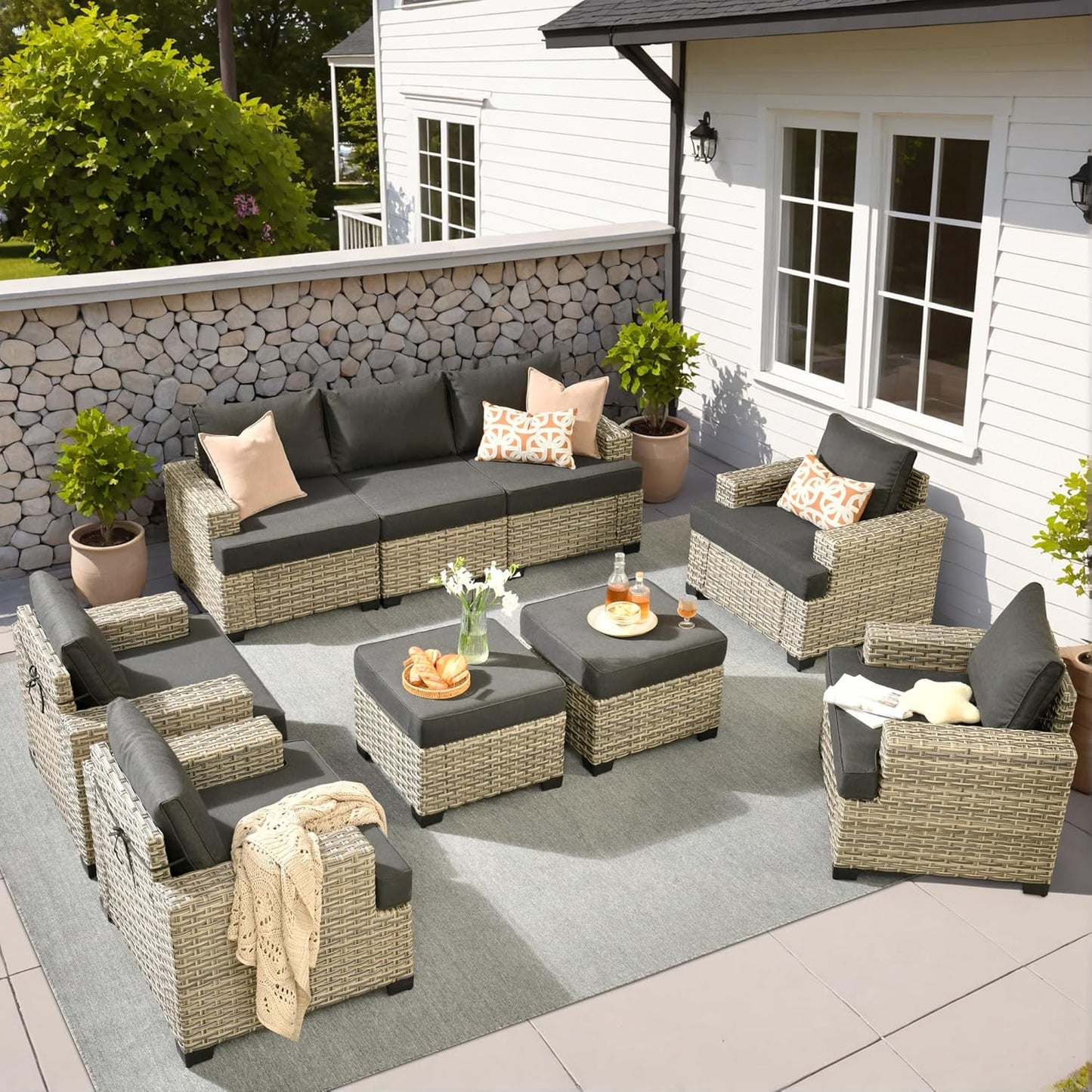 15-Piece Outdoor Sectional Sofa Set w/ 54" Fire Pit – L-Shaped Wicker Patio Furniture, Deep Seating & Swivel Rockers, Black