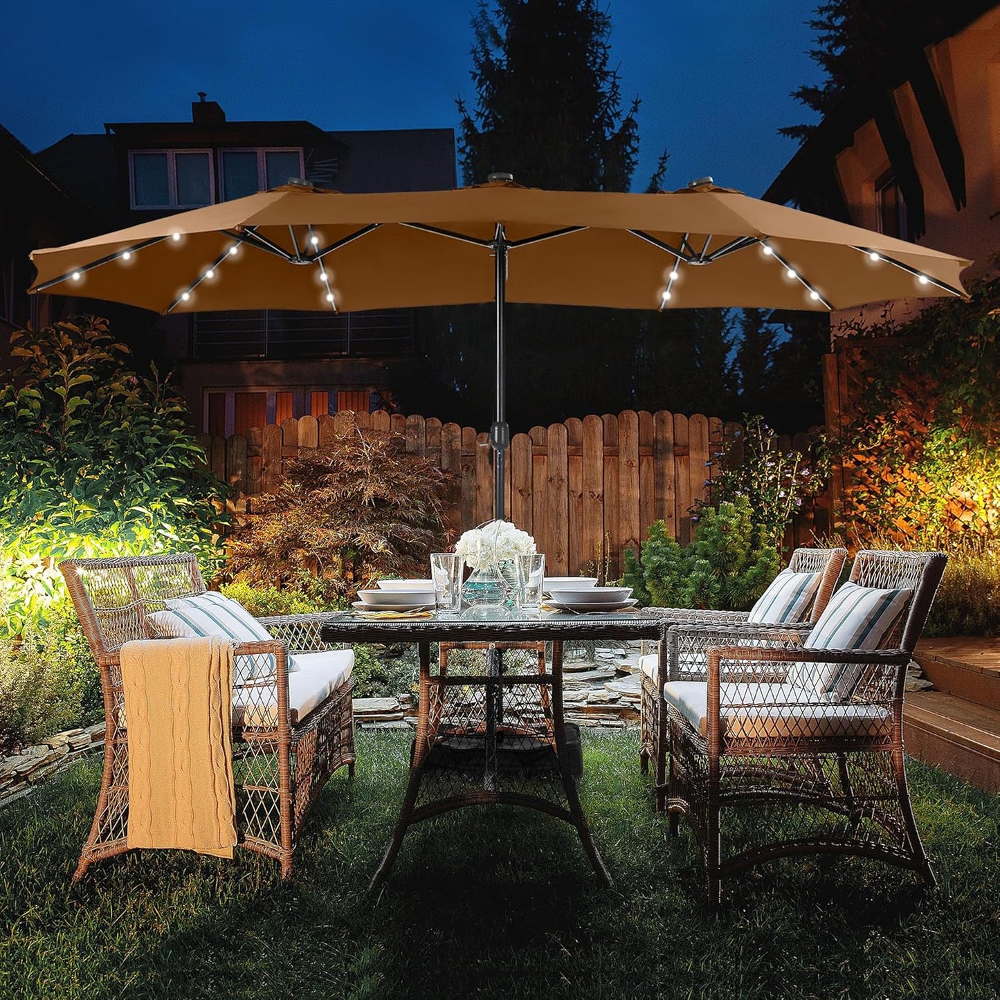 HERA'S PALACE 15ft Patio Umbrella with Base Included Double Sided Outdoor Umbrella for Patio Table Umbrella Outdoor 36 LED Solar Lights for Garden