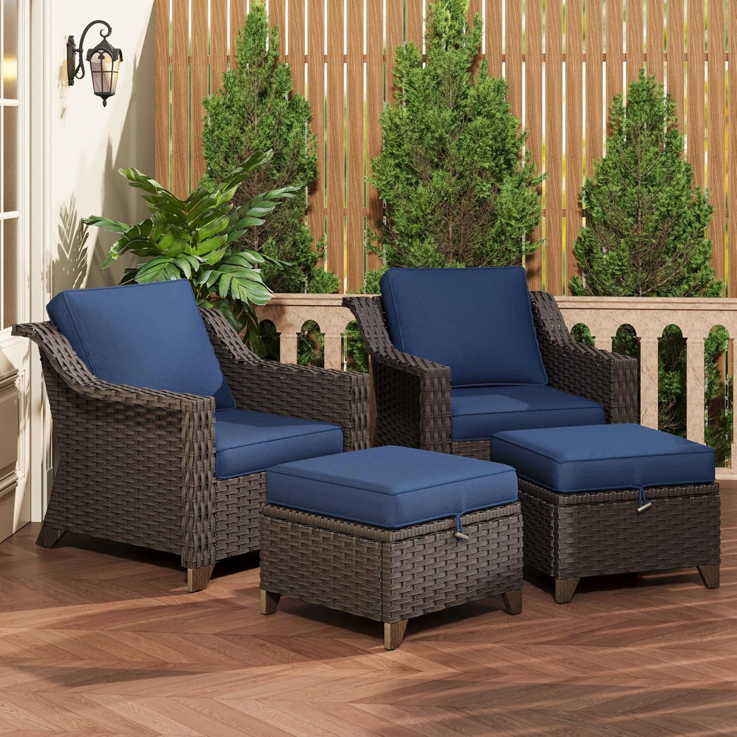 77'' Patio Sofa, All Weather Outdoor Rattan Wicker 3-Seat Sofa High Back Couch with Premium Cushions for Garden Backyard Porch(Brown/Navy)