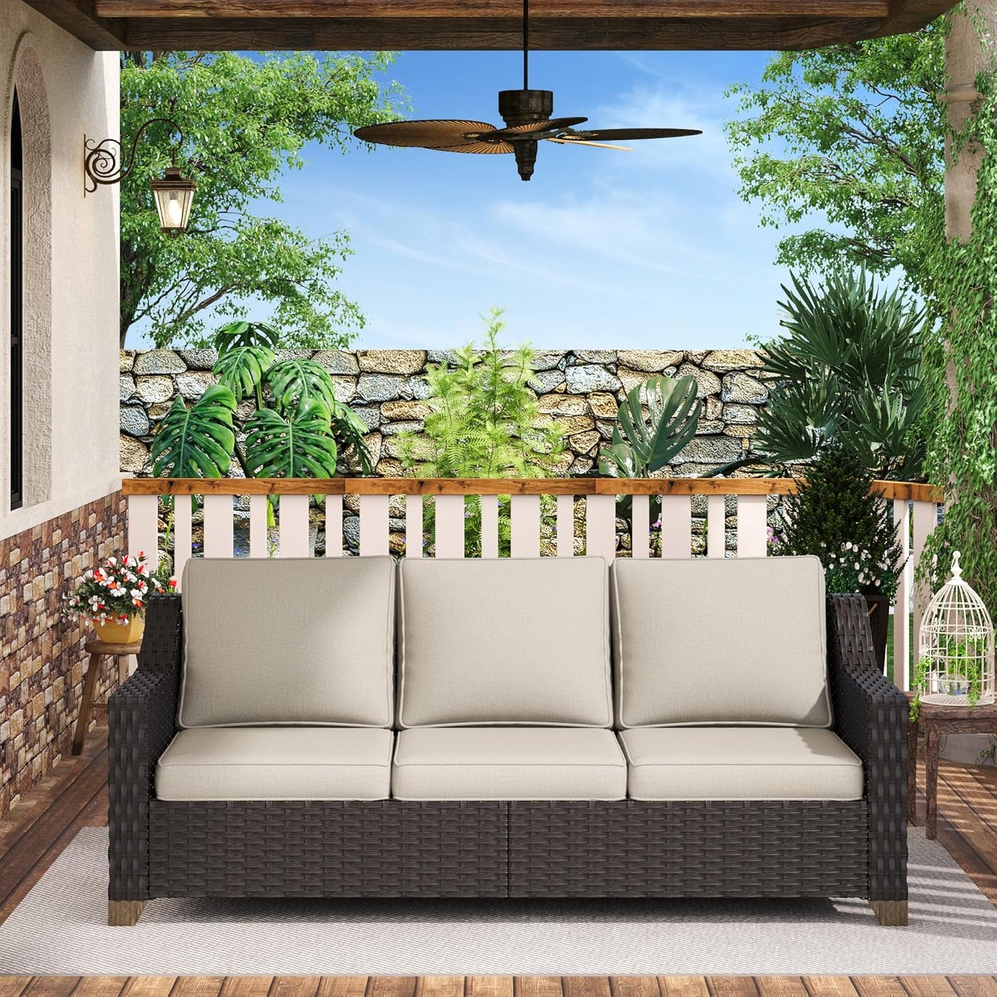 77'' Patio Sofa, All Weather Outdoor Rattan Wicker 3-Seat Sofa High Back Couch with Premium Cushions for Garden Backyard Porch(Brown/Navy)