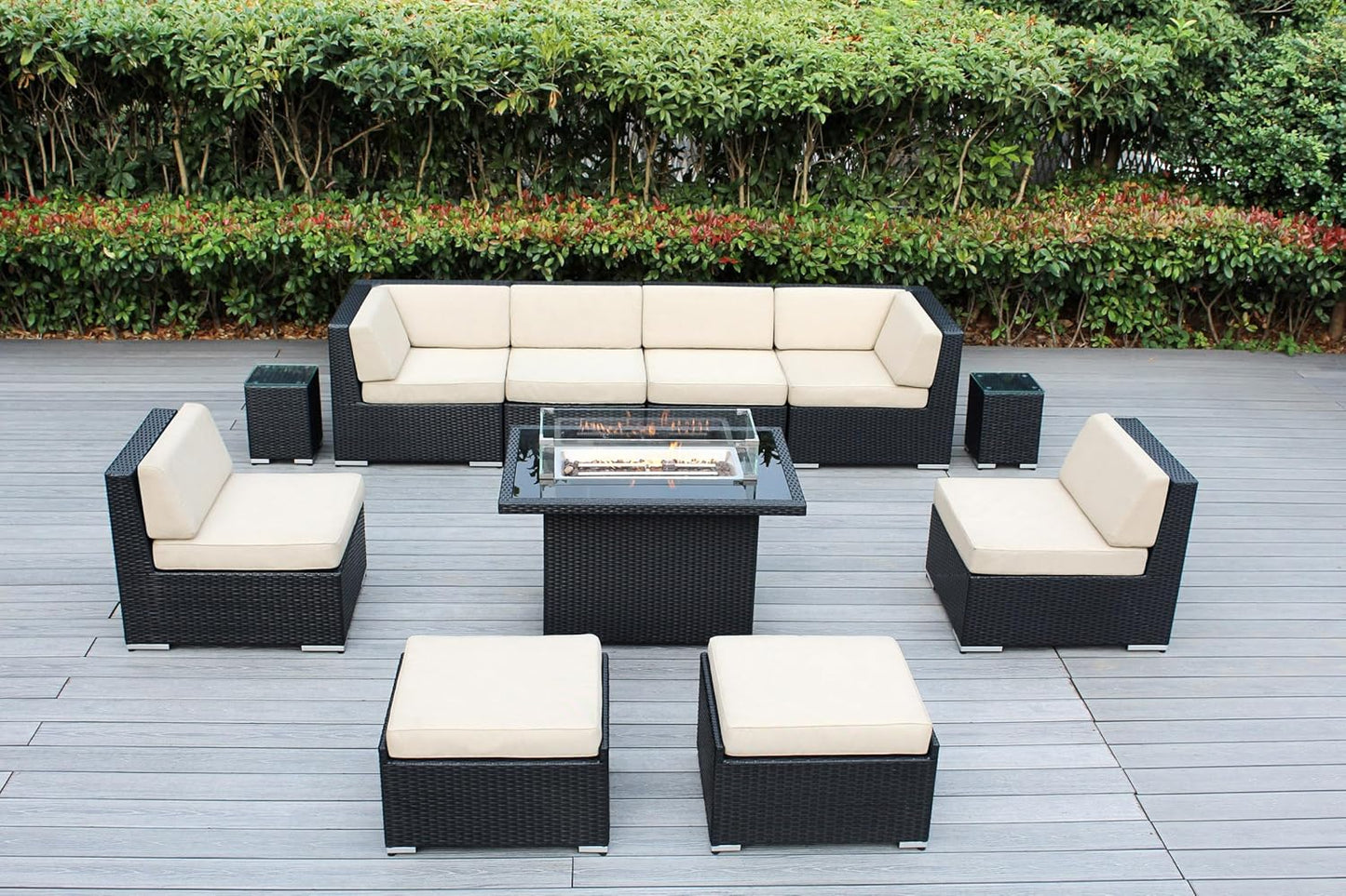 7 Piece Outdoor Patio Furniture Black Wicker Conversation Set with Fully Assembled Sectional and 42-inch Propane Gas Fire Table