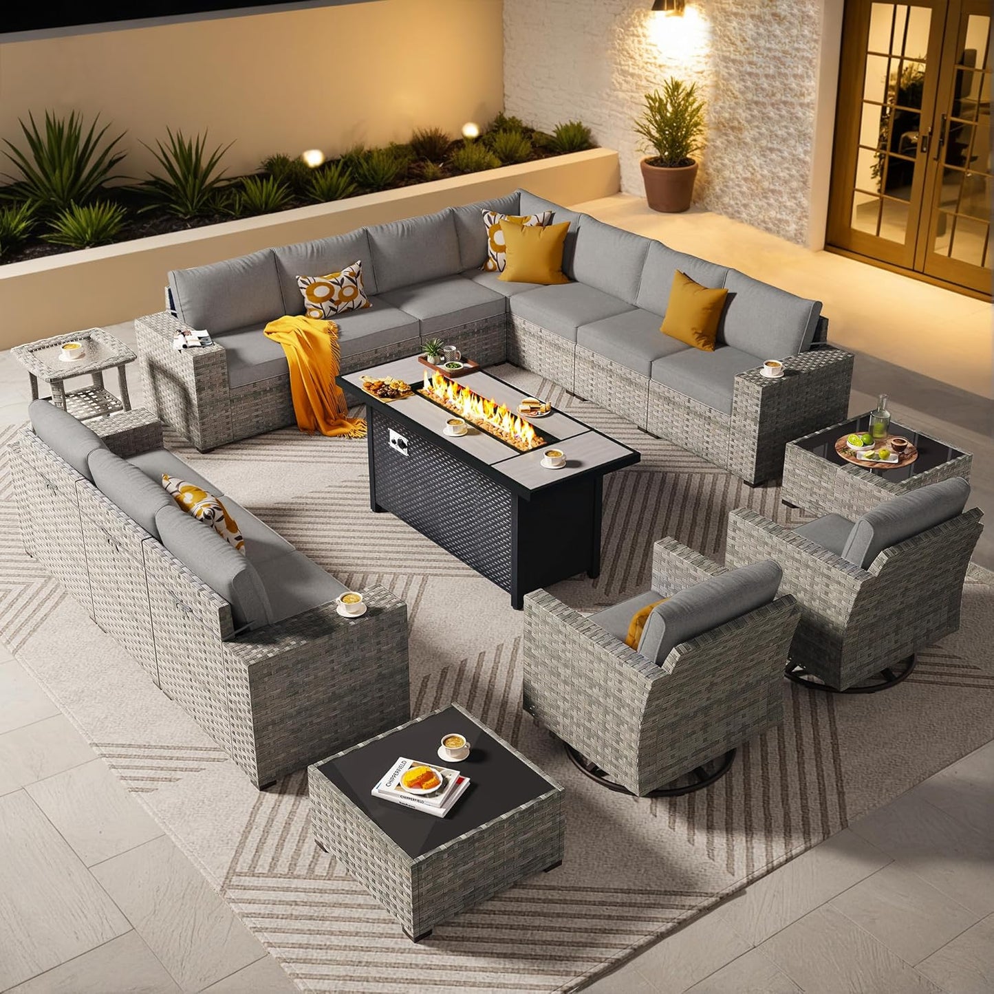 ovios 16 Pieces Patio Furniture Set, Outdoor Wicker Sectional Sofa with 54" Fire Pit Table Swivel Chairs, Modern Modular Deep Seat Rattan Couch Conversation Sets, Beige
