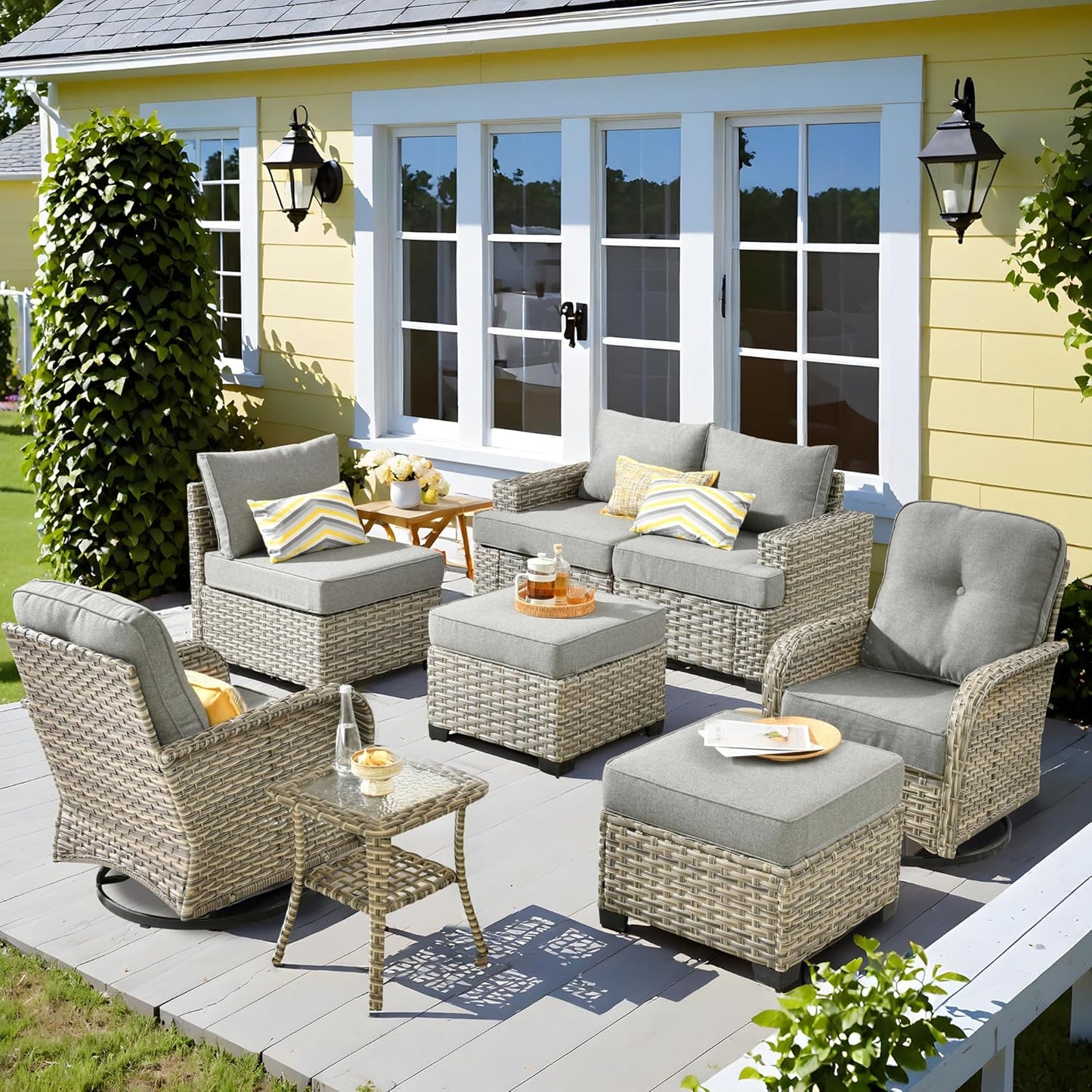 15-Piece Outdoor Sectional Sofa Set w/ 54" Fire Pit – L-Shaped Wicker Patio Furniture, Deep Seating & Swivel Rockers, Black