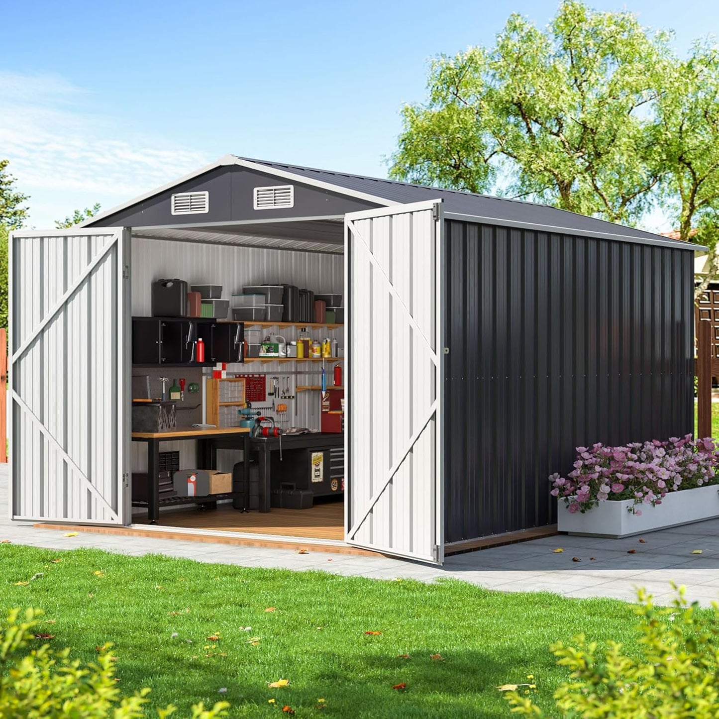 10x8 FT Outdoor Storage Shed, Metal Garden Tool Shed with Updated Frame Structure and Lockable Doors, Ideal for Backyard Garden Patio Lawn, Grey