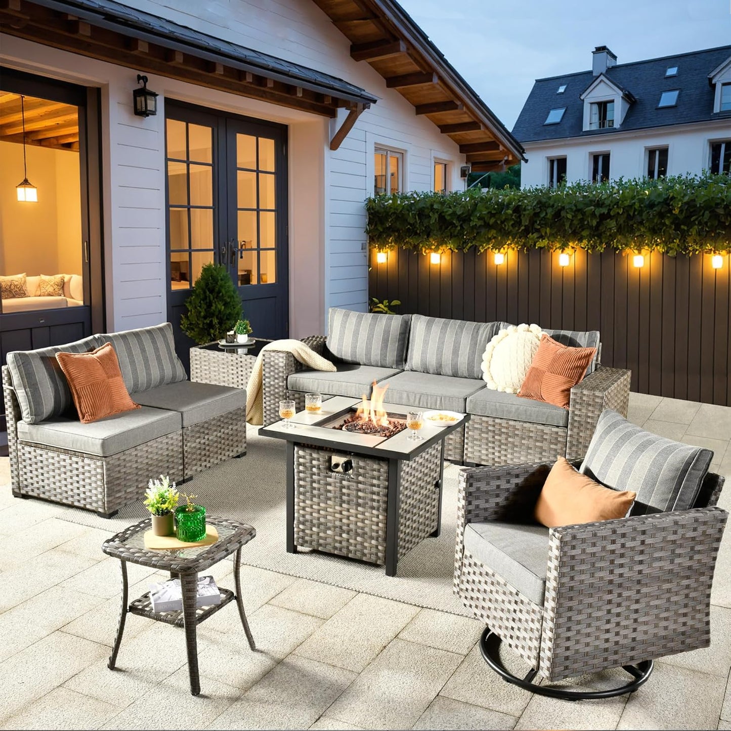 ovios 16 Pieces Patio Furniture Set, Outdoor Wicker Sectional Sofa with 54" Fire Pit Table Swivel Chairs, Modern Modular Deep Seat Rattan Couch Conversation Sets, Beige