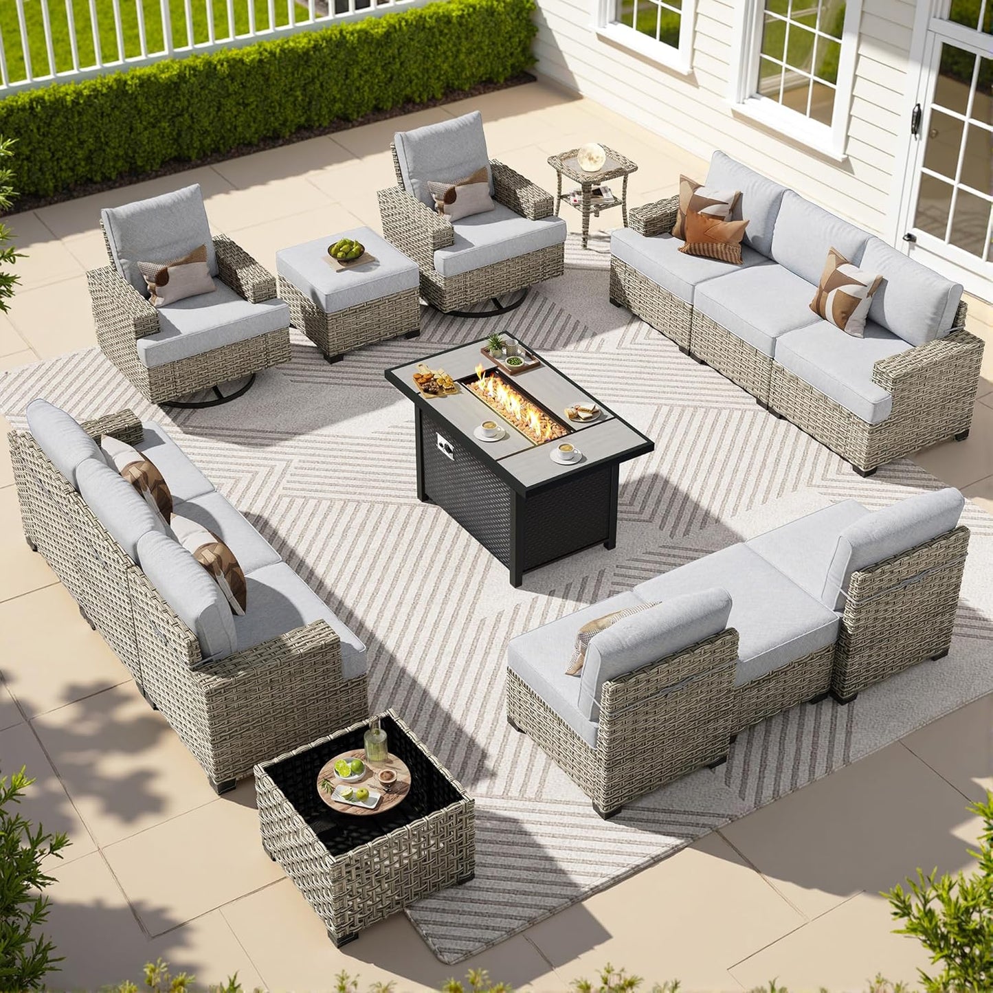 15-Piece Outdoor Sectional Sofa Set w/ 54" Fire Pit – L-Shaped Wicker Patio Furniture, Deep Seating & Swivel Rockers, Black
