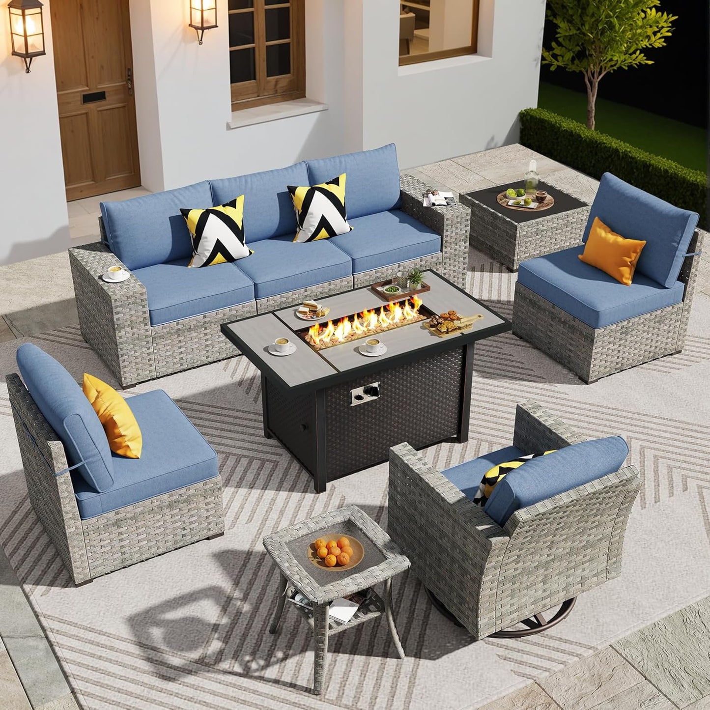ovios 16 Pieces Patio Furniture Set, Outdoor Wicker Sectional Sofa with 54" Fire Pit Table Swivel Chairs, Modern Modular Deep Seat Rattan Couch Conversation Sets, Beige