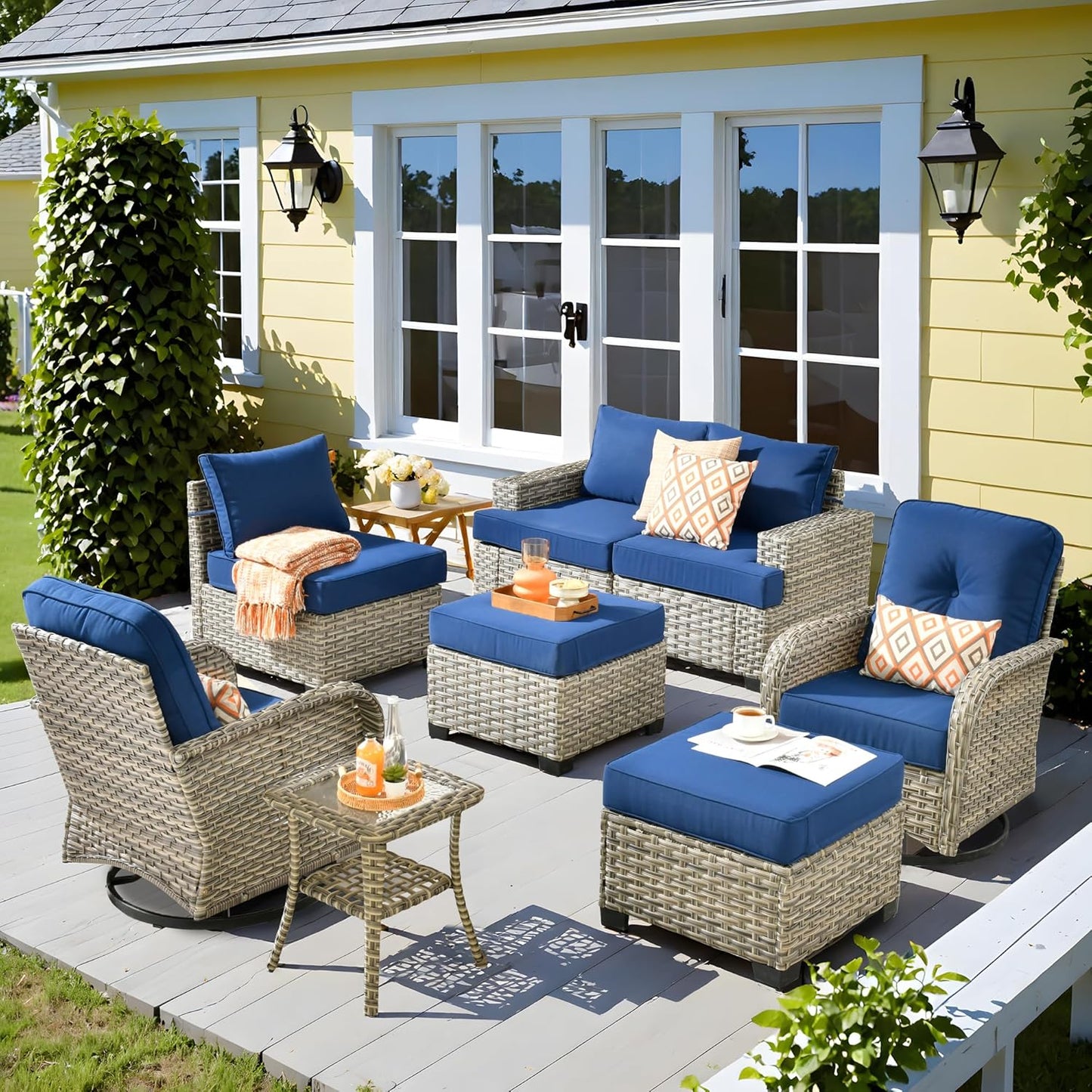 15-Piece Outdoor Sectional Sofa Set w/ 54" Fire Pit – L-Shaped Wicker Patio Furniture, Deep Seating & Swivel Rockers, Black