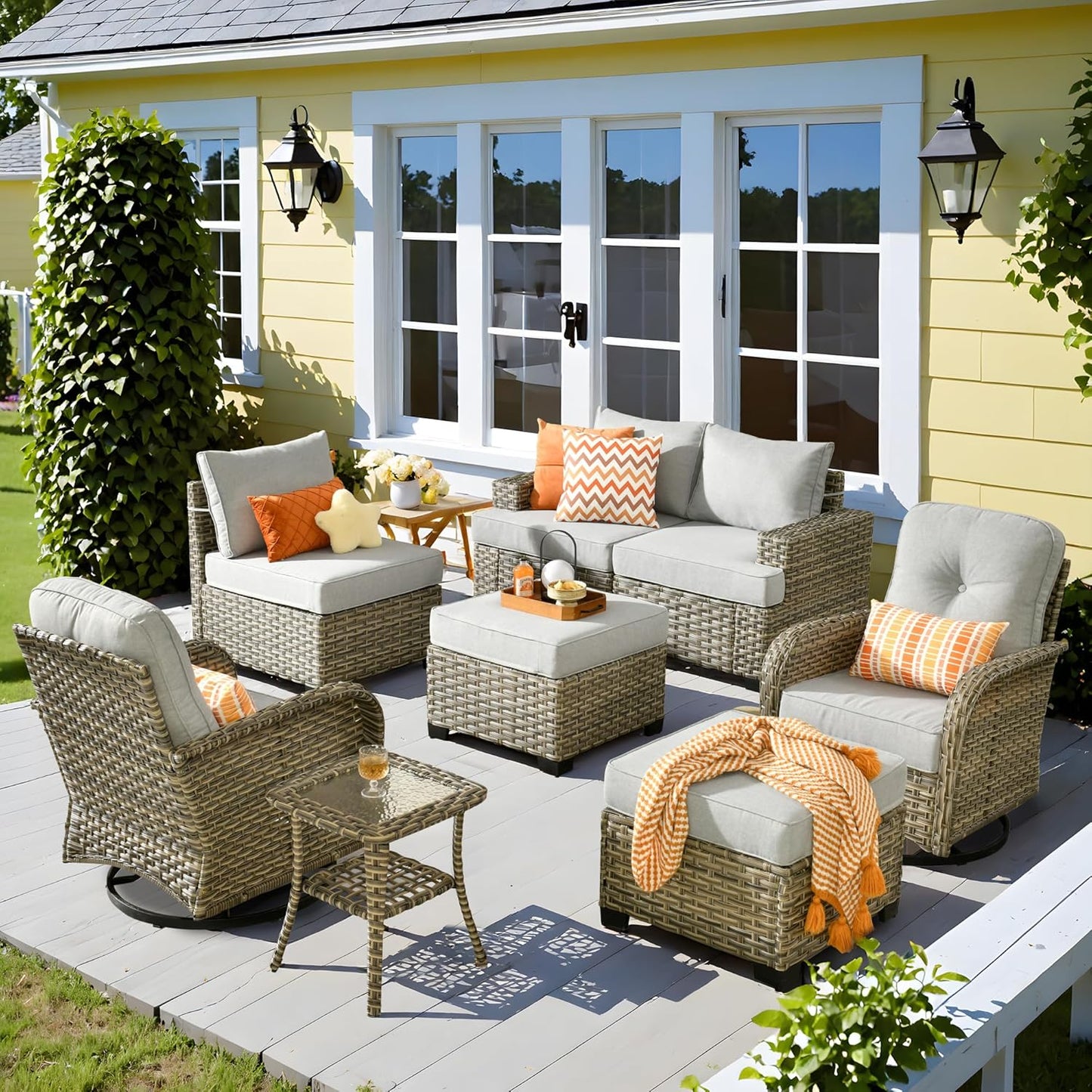 15-Piece Outdoor Sectional Sofa Set w/ 54" Fire Pit – L-Shaped Wicker Patio Furniture, Deep Seating & Swivel Rockers, Black