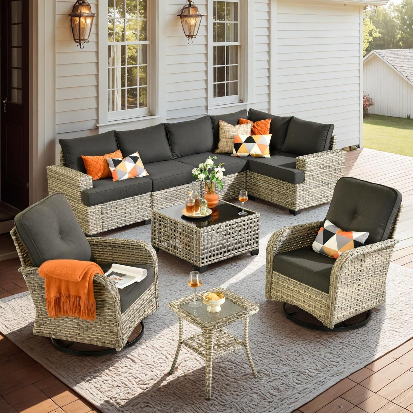 15-Piece Outdoor Sectional Sofa Set w/ 43" Fire Pit – L-Shaped Wicker Patio Furniture, Deep Seating & Swivel Rockers, Black