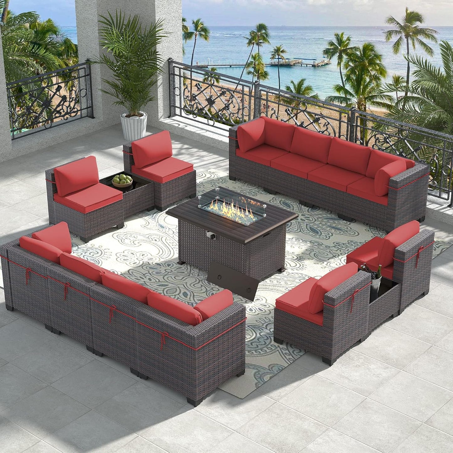 12 Pcs Outdoor Patio Furniture Set Outdoor Furniture All Weather Patio Sectional Sofa PE Wicker Modular Conversation Sets with Coffee Table, Swivel Rocking Chair (Grey)
