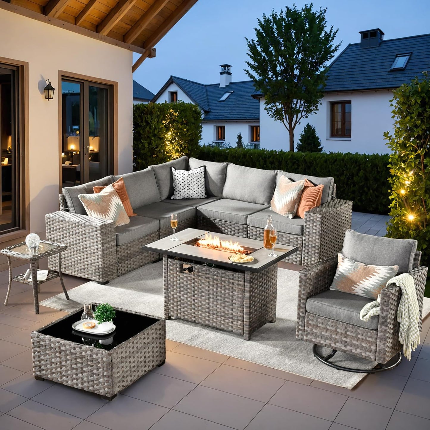 ovios 16 Pieces Patio Furniture Set, Outdoor Wicker Sectional Sofa with 54" Fire Pit Table Swivel Chairs, Modern Modular Deep Seat Rattan Couch Conversation Sets, Beige