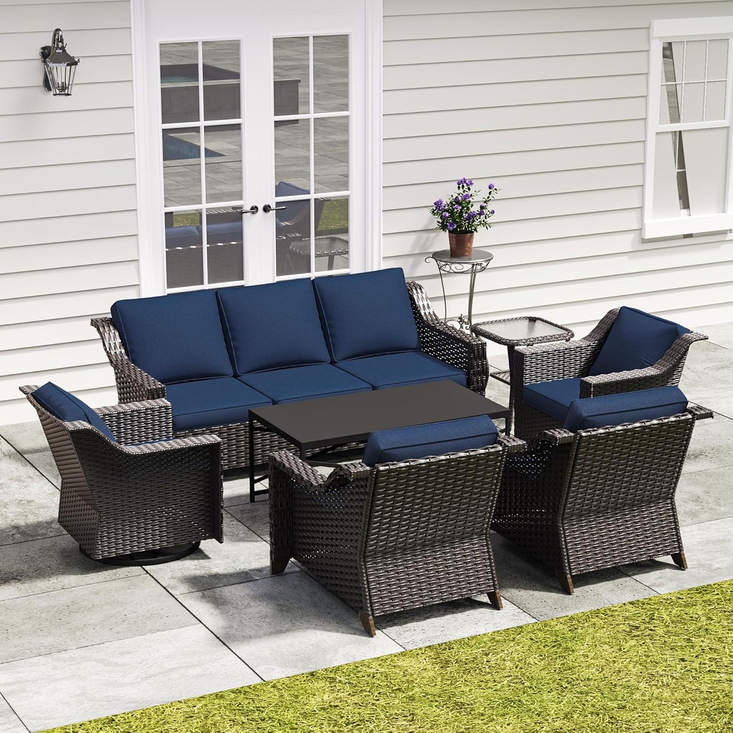 77'' Patio Sofa, All Weather Outdoor Rattan Wicker 3-Seat Sofa High Back Couch with Premium Cushions for Garden Backyard Porch(Brown/Navy)