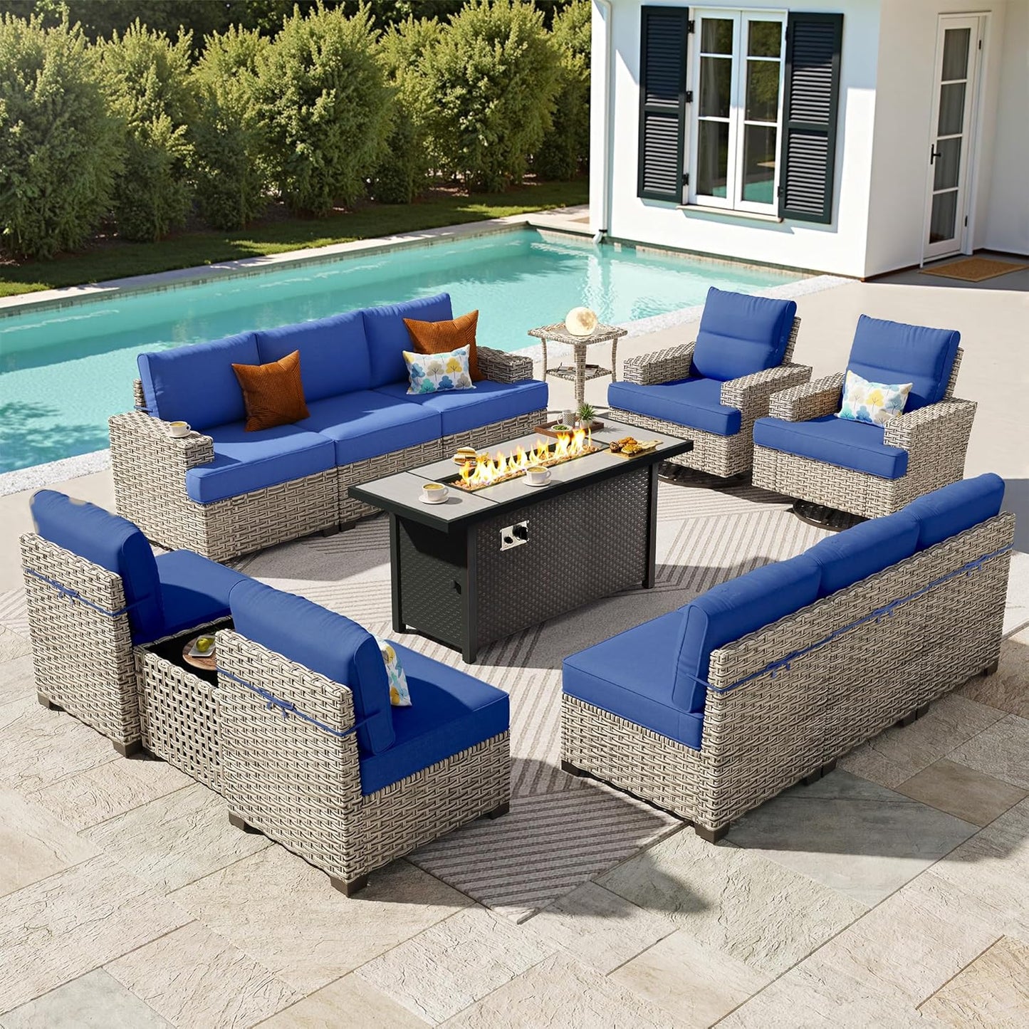 15-Piece Outdoor Sectional Sofa Set w/ 54" Fire Pit – L-Shaped Wicker Patio Furniture, Deep Seating & Swivel Rockers, Black