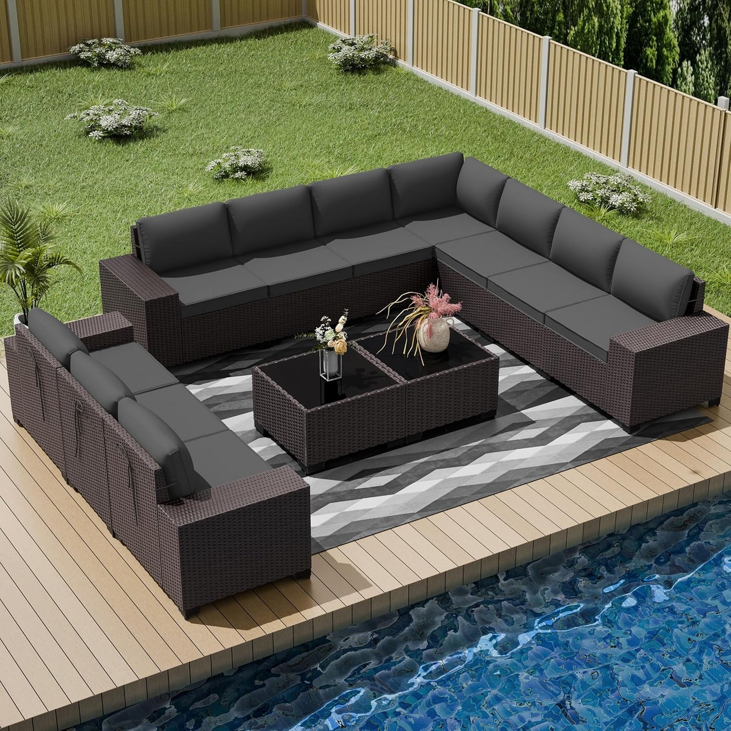 12 Pcs Outdoor Patio Furniture Set Outdoor Furniture All Weather Patio Sectional Sofa PE Wicker Modular Conversation Sets with Coffee Table, Swivel Rocking Chair (Grey)