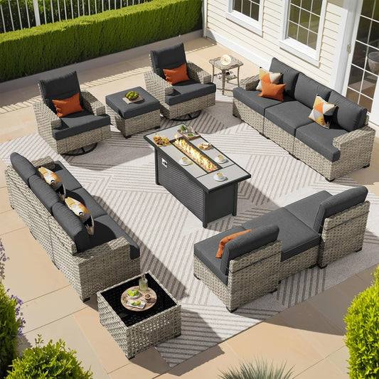 15-Piece Outdoor Sectional Sofa Set w/ 54" Fire Pit – L-Shaped Wicker Patio Furniture, Deep Seating & Swivel Rockers, Black