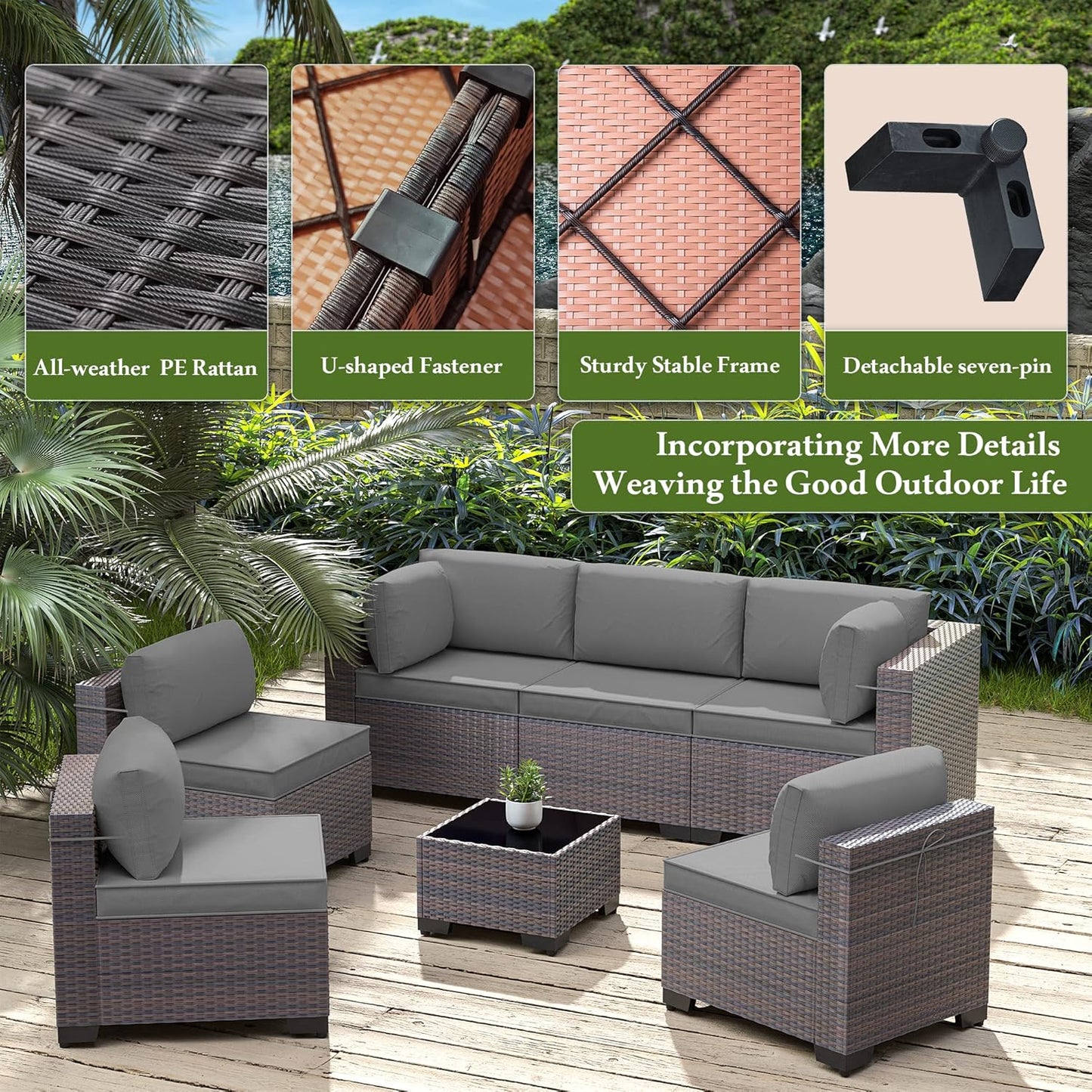 12 Pcs Outdoor Patio Furniture Set Outdoor Furniture All Weather Patio Sectional Sofa PE Wicker Modular Conversation Sets with Coffee Table, Swivel Rocking Chair (Grey)