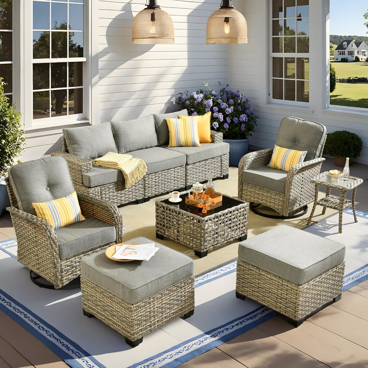 15-Piece Outdoor Sectional Sofa Set w/ 54" Fire Pit – L-Shaped Wicker Patio Furniture, Deep Seating & Swivel Rockers, Black