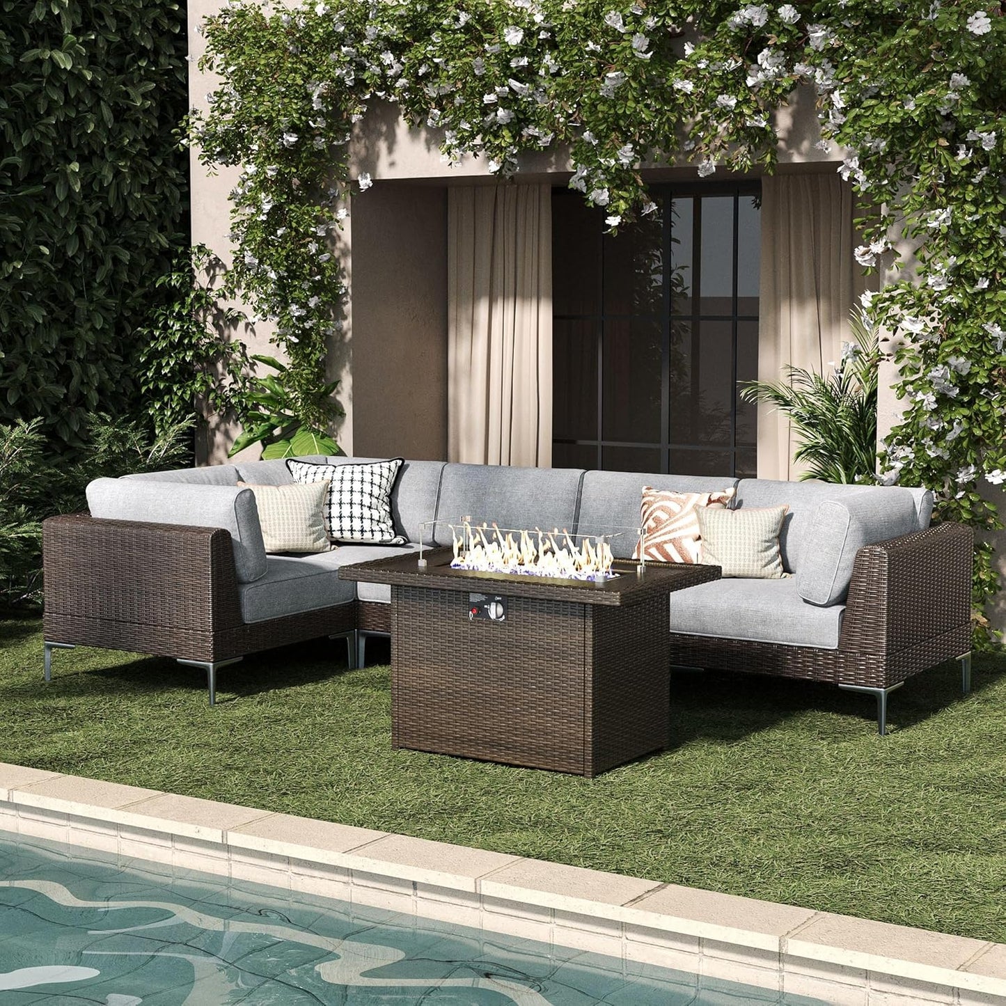 LayinSun 10-Piece Outdoor Modular Wicker Sectional Sofa with Fire Pit Table, Patio Furniture Conversation Set with Deep Seating and Thick Cushions