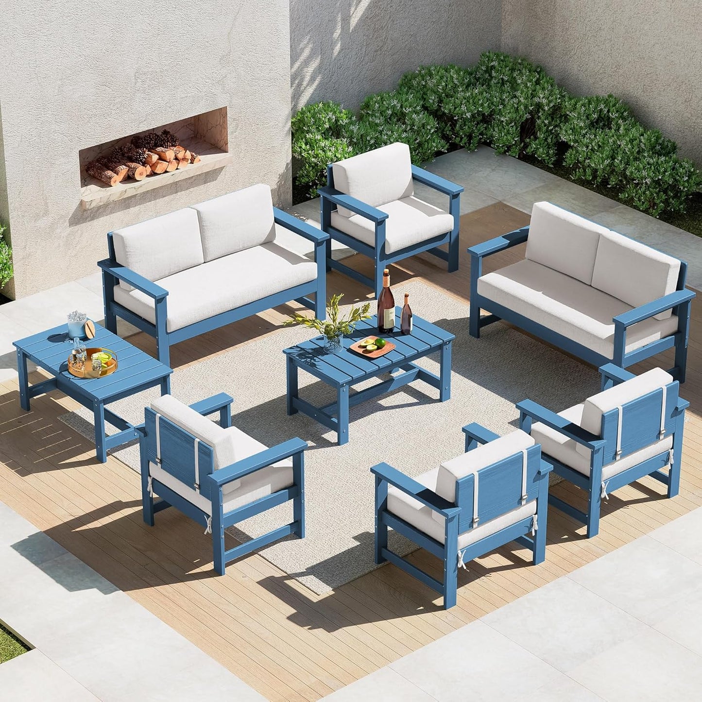 SERWALL 8 Pieces HDPE Outdoor Conversation Sofa Set with Cushions, All Weather Use Patio Couch Loveseat Furniture with Side Table for Balcony, Deck, Poolside, Black Frame with Khaki Cushions