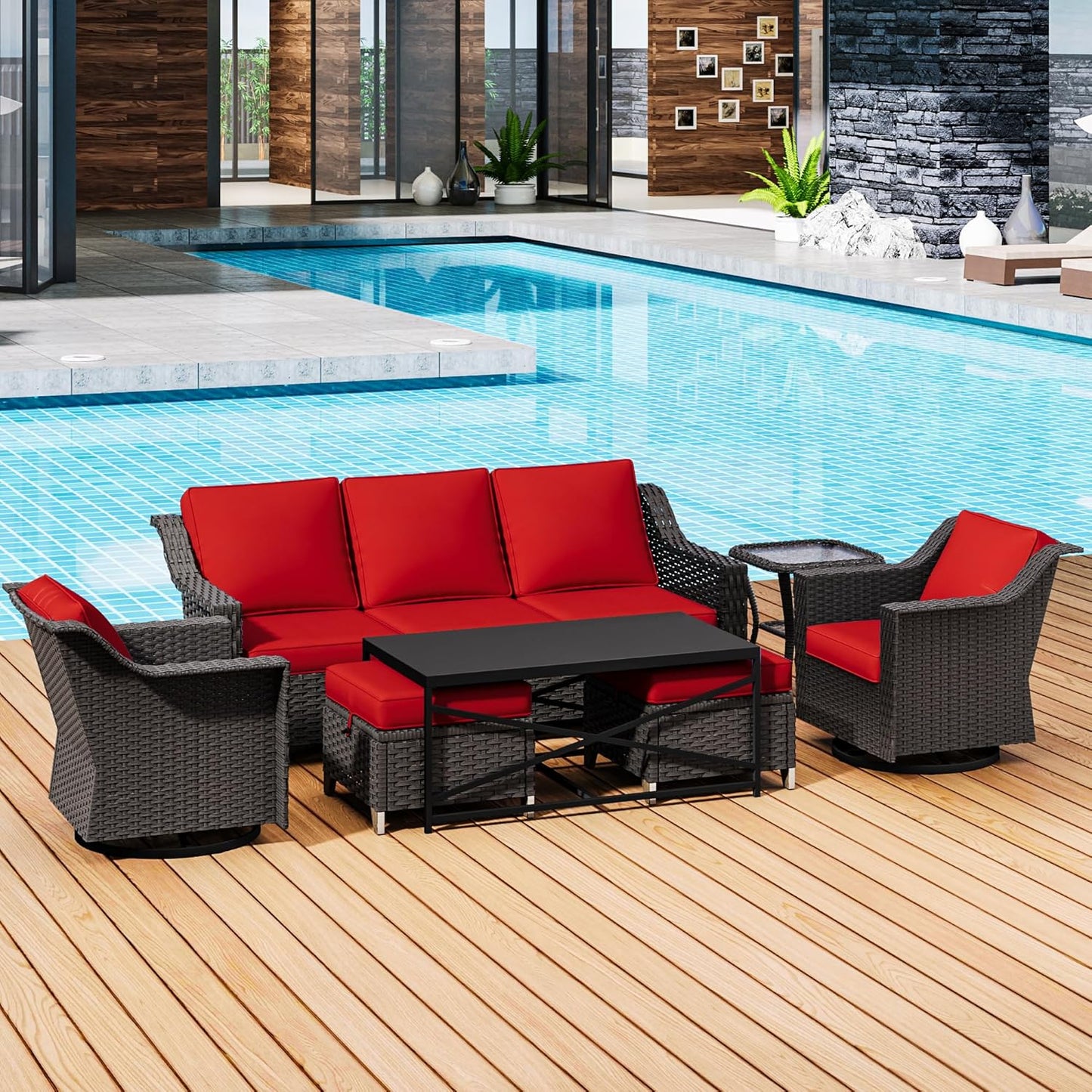 77'' Patio Sofa, All Weather Outdoor Rattan Wicker 3-Seat Sofa High Back Couch with Premium Cushions for Garden Backyard Porch(Brown/Navy)