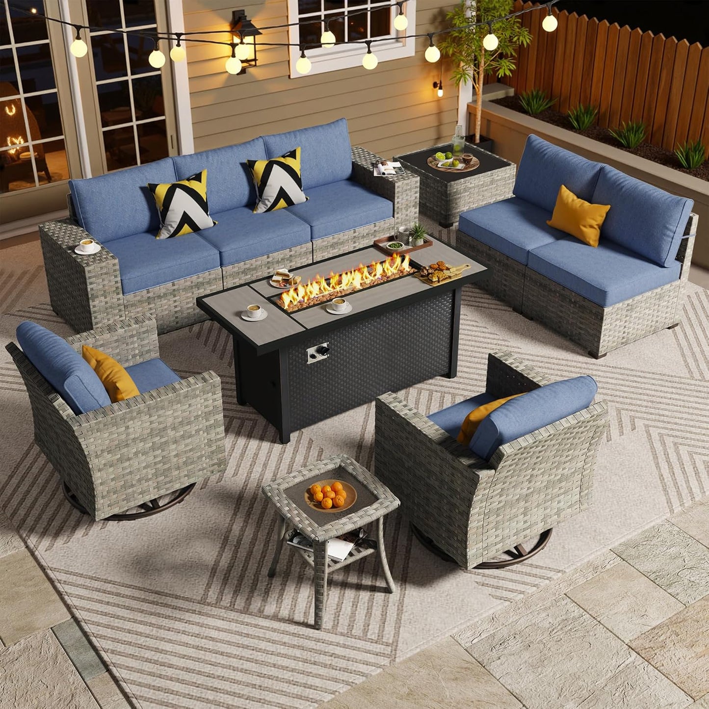 ovios 16 Pieces Patio Furniture Set, Outdoor Wicker Sectional Sofa with 54" Fire Pit Table Swivel Chairs, Modern Modular Deep Seat Rattan Couch Conversation Sets, Beige