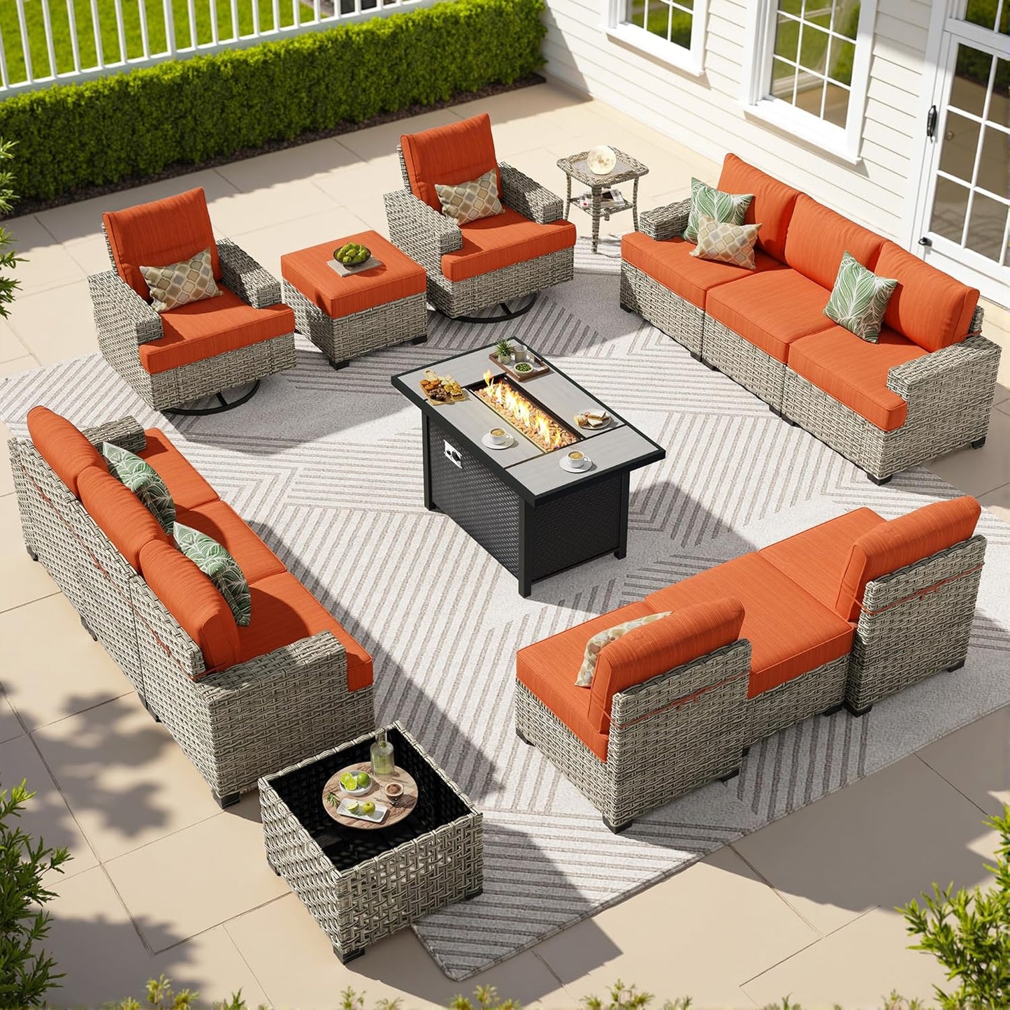15-Piece Outdoor Sectional Sofa Set w/ 43" Fire Pit – L-Shaped Wicker Patio Furniture, Deep Seating & Swivel Rockers, Black
