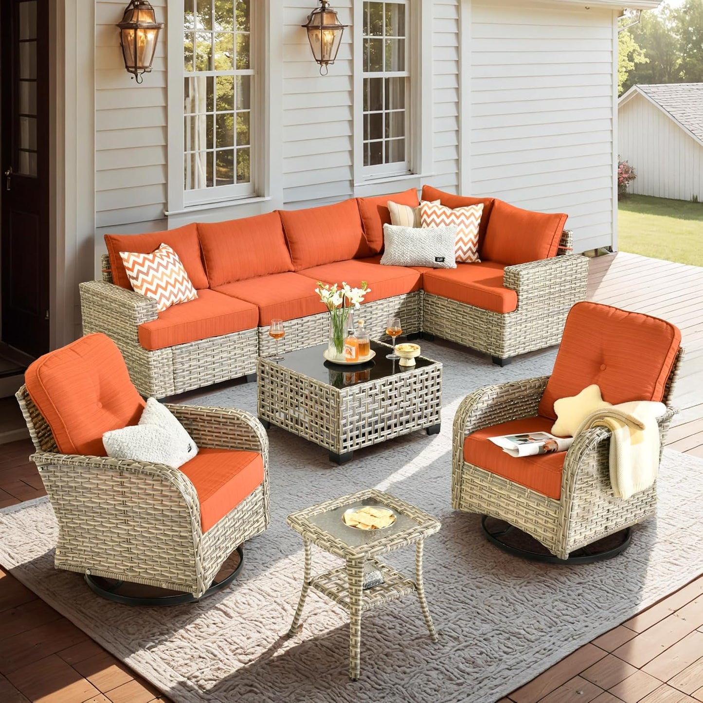 15-Piece Outdoor Sectional Sofa Set w/ 54" Fire Pit – L-Shaped Wicker Patio Furniture, Deep Seating & Swivel Rockers, Black