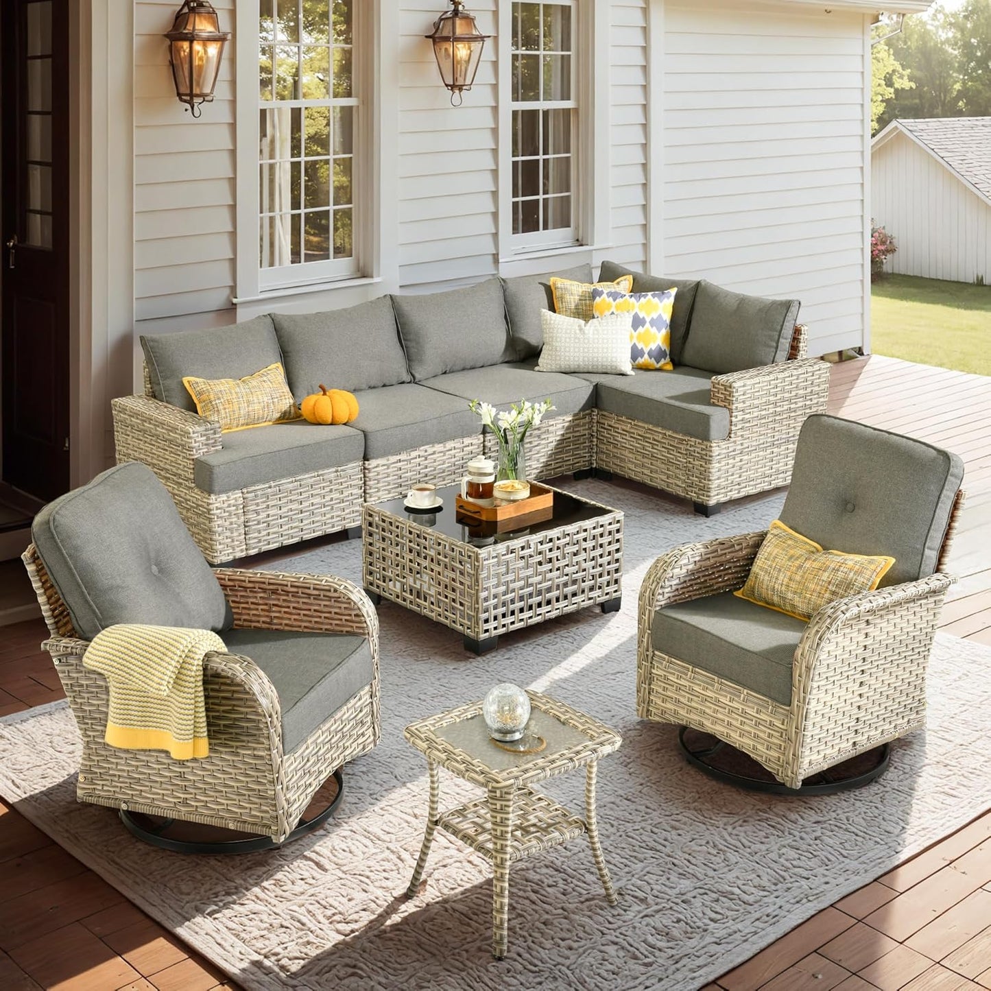 15-Piece Outdoor Sectional Sofa Set w/ 43" Fire Pit – L-Shaped Wicker Patio Furniture, Deep Seating & Swivel Rockers, Black