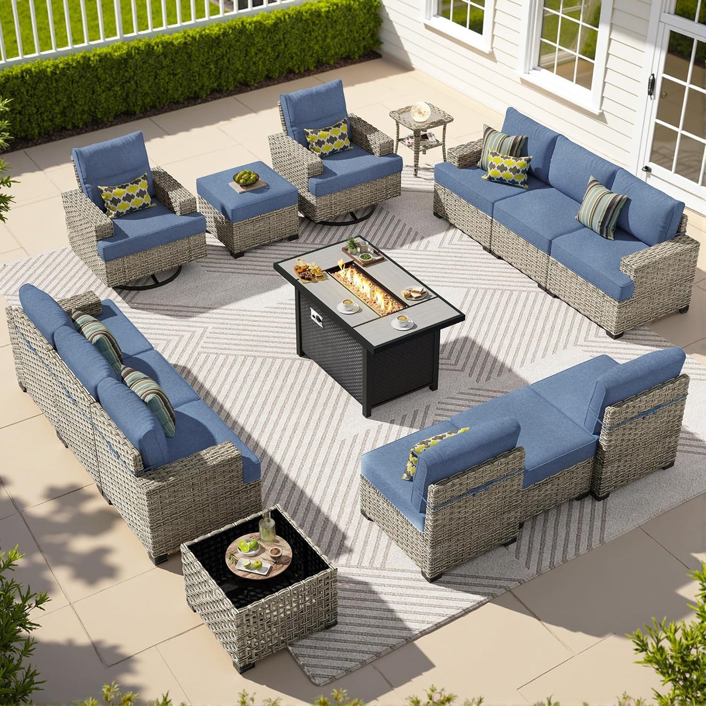 15-Piece Outdoor Sectional Sofa Set w/ 43" Fire Pit – L-Shaped Wicker Patio Furniture, Deep Seating & Swivel Rockers, Black