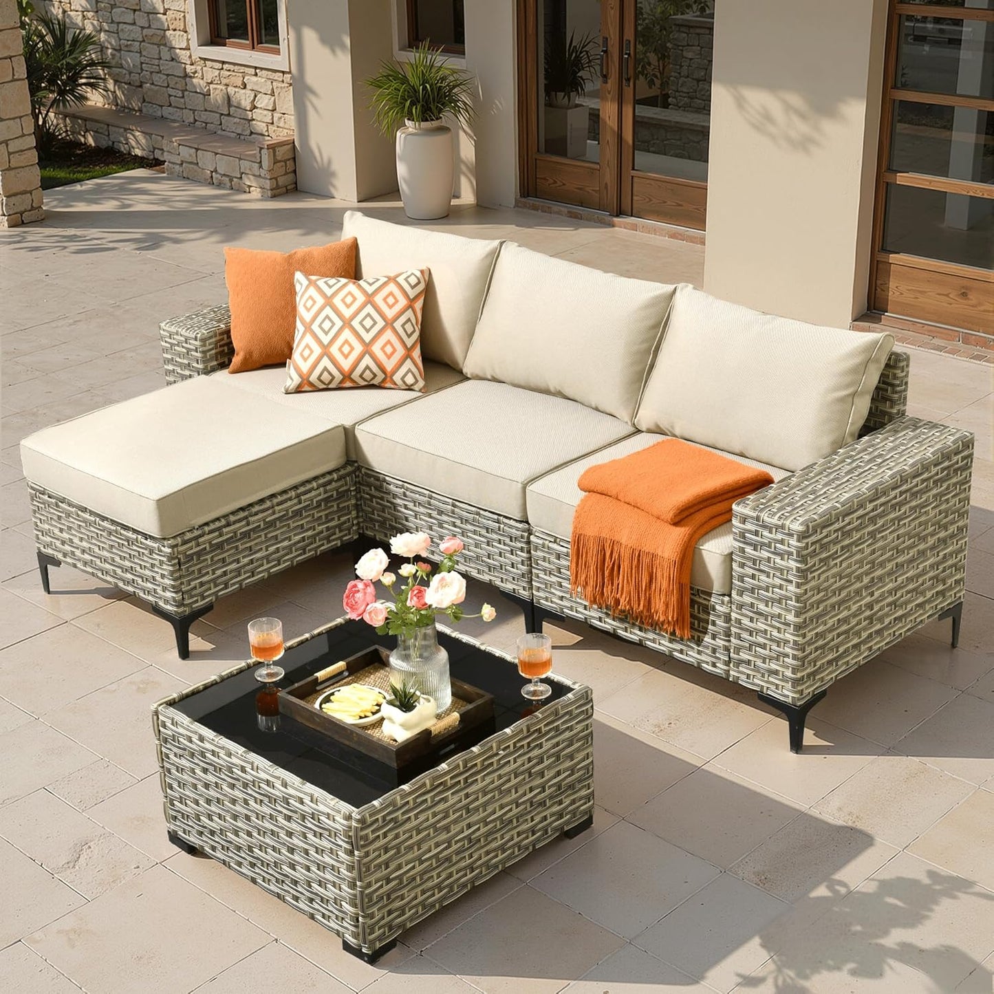 ovios 9 Pieces Patio Furniture Set Outdoor Sectional Sofa Couch with Fire Pit Table Rocking Swivel Chairs Deep Seat Chaise, Modern Modular Wicker Rattan Conversation Set, Black