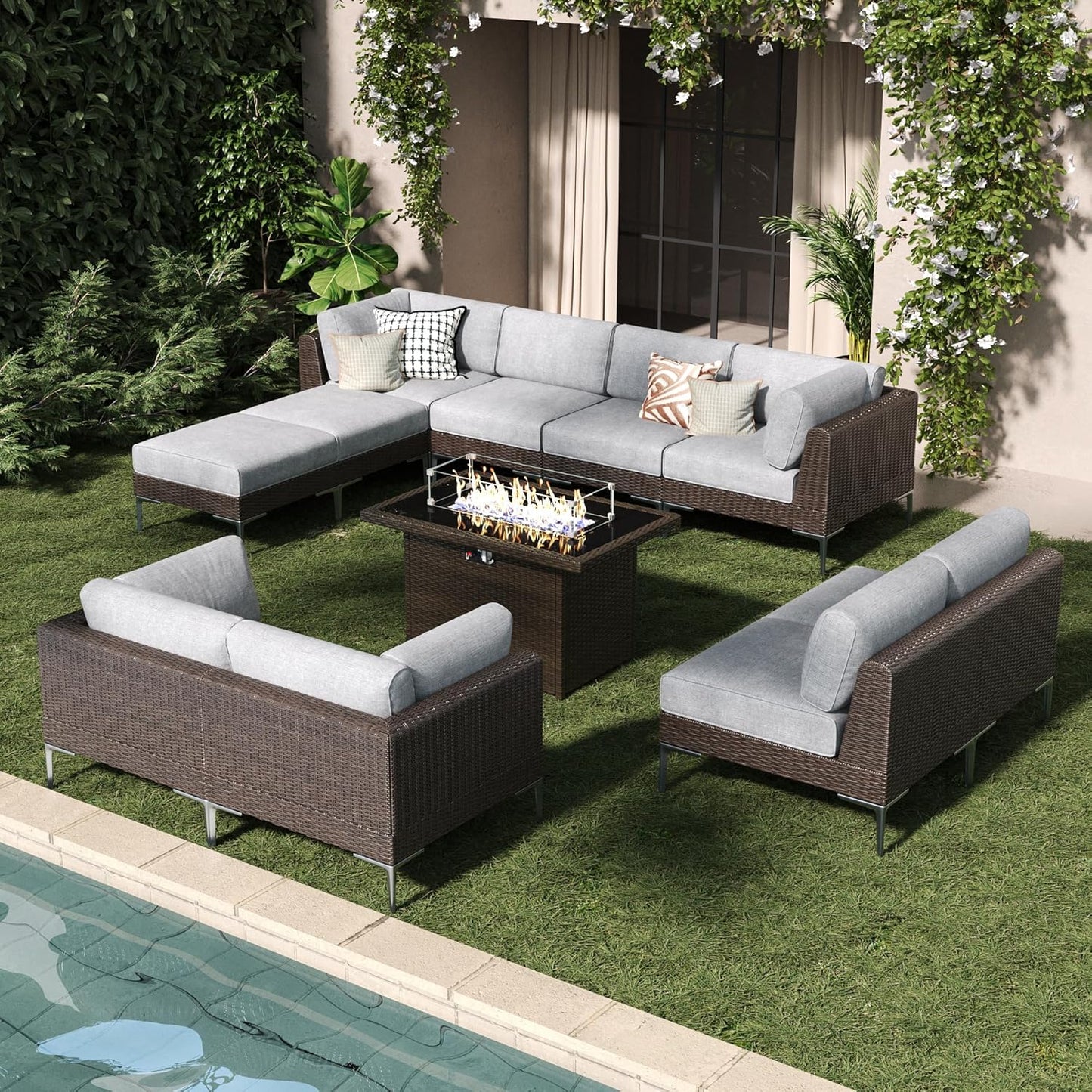 LayinSun 10-Piece Outdoor Modular Wicker Sectional Sofa with Fire Pit Table, Patio Furniture Conversation Set with Deep Seating and Thick Cushions